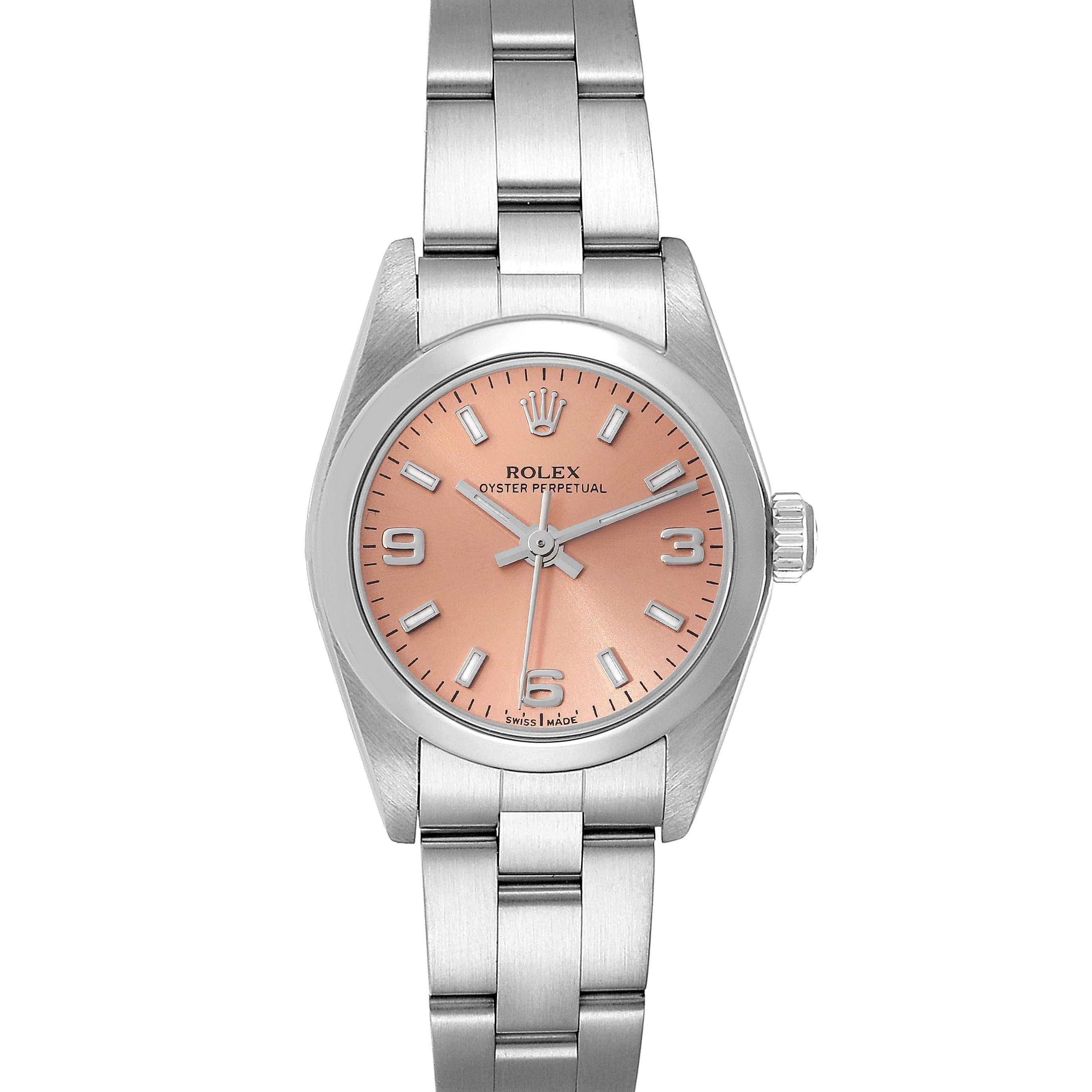 Rolex Oyster Perpetual Salmon Dial Domed Bezel Steel Watch 76080