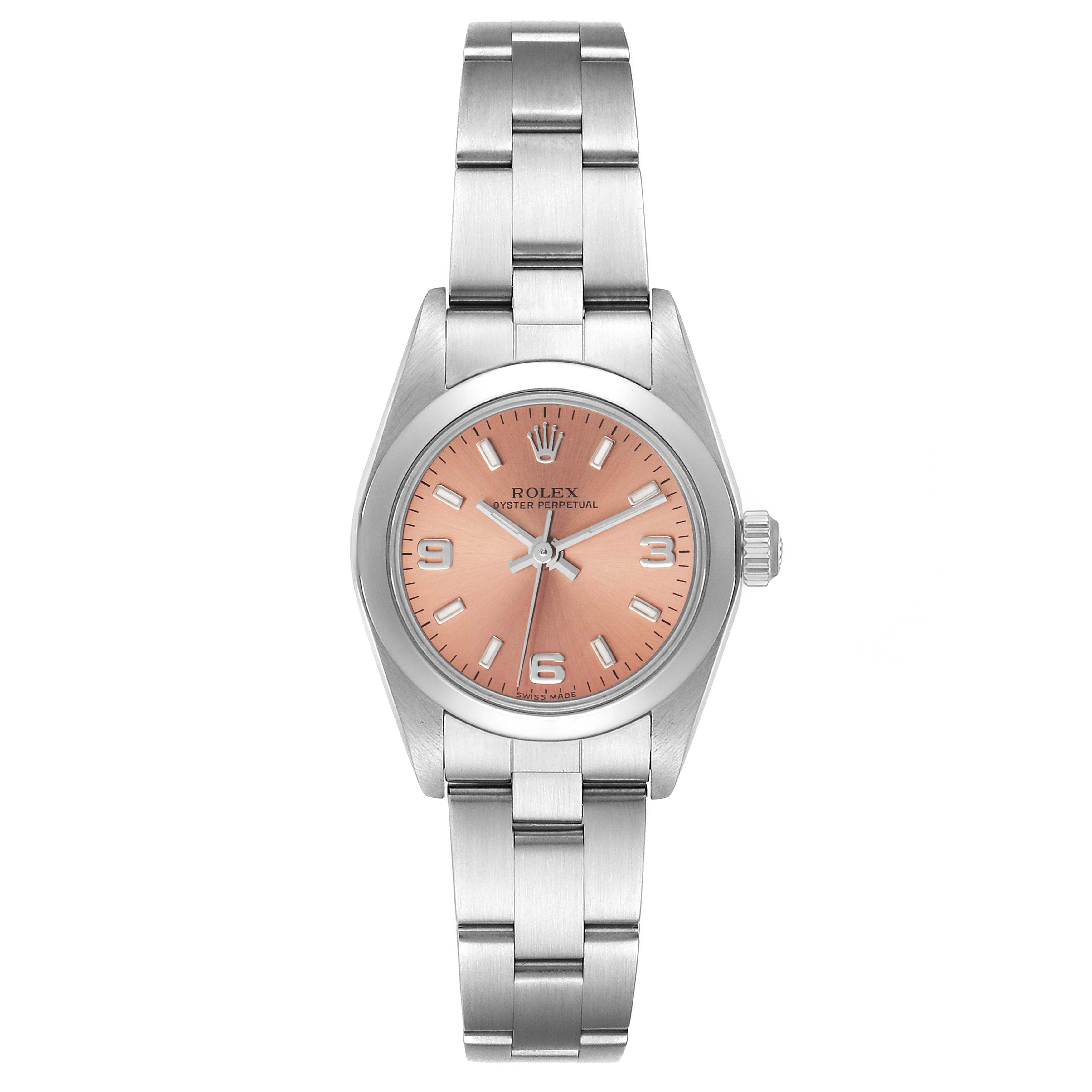 Rolex Oyster Perpetual Salmon Dial Domed Bezel Steel Watch 76080 Box Card