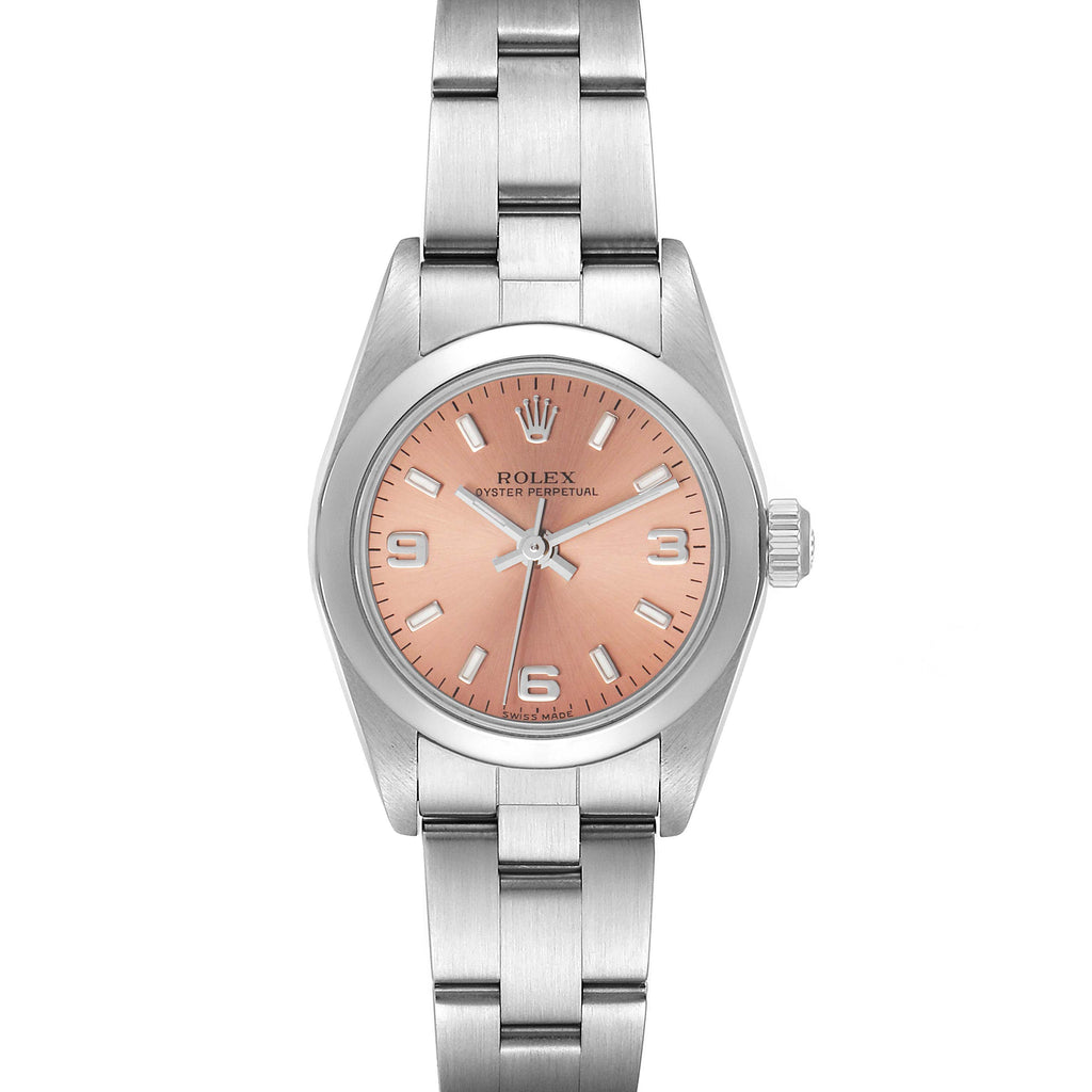 Rolex Oyster Perpetual Salmon Dial Domed Bezel Steel Watch 76080 Box Card