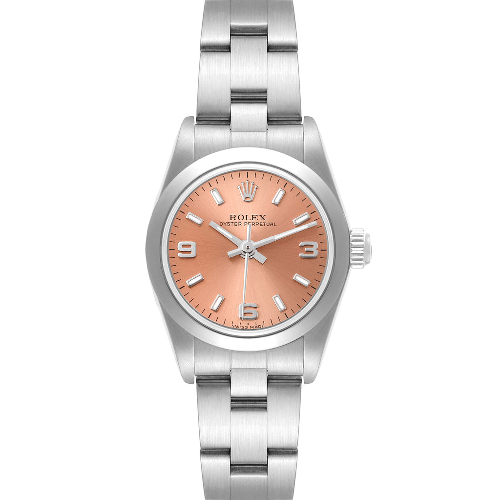 Rolex Oyster Perpetual Salmon Dial Domed Bezel Steel Watch 76080 Box Papers
