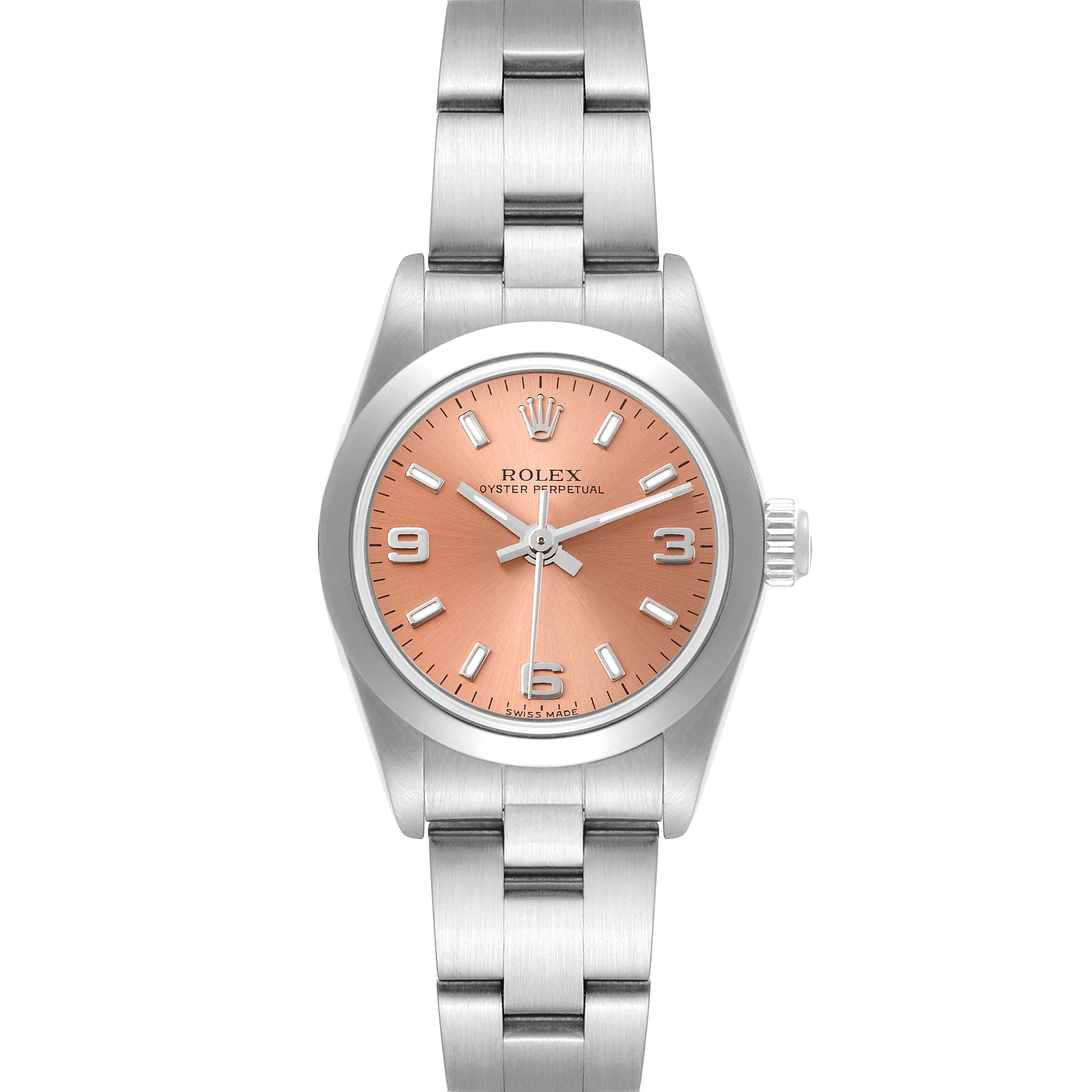 Rolex Oyster Perpetual Salmon Dial Domed Bezel Steel Watch 76080 Box Papers