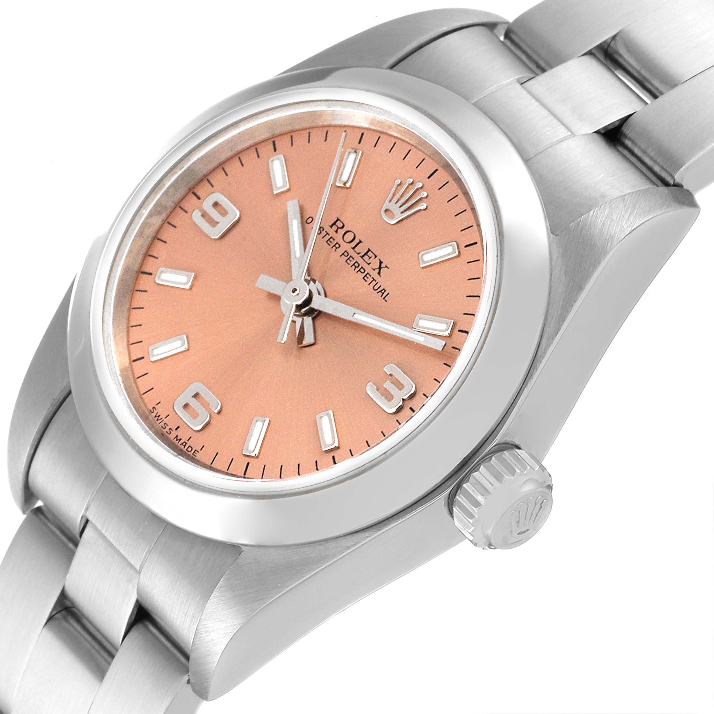 Rolex Oyster Perpetual Salmon Dial Domed Bezel Steel Watch 76080 Box Papers