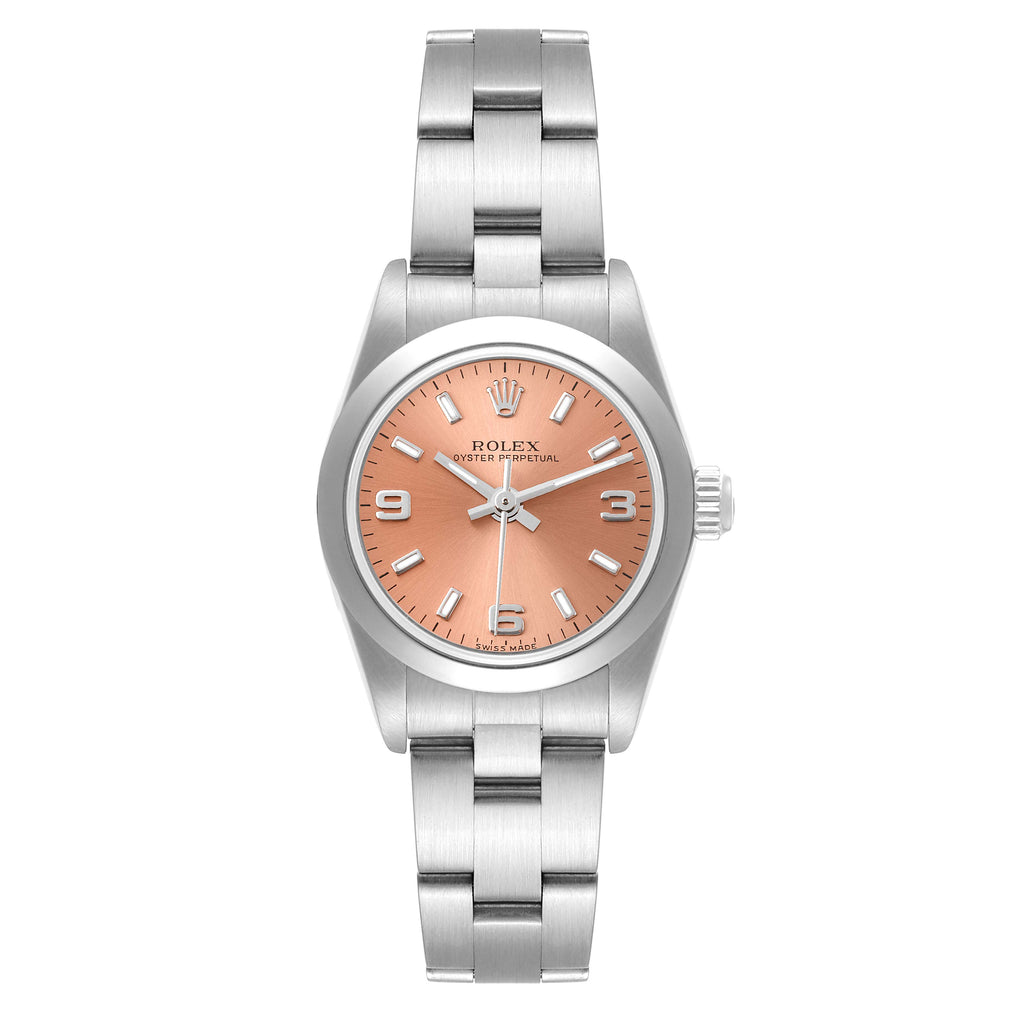 Rolex Oyster Perpetual Salmon Dial Domed Bezel Steel Watch 76080 Box Papers