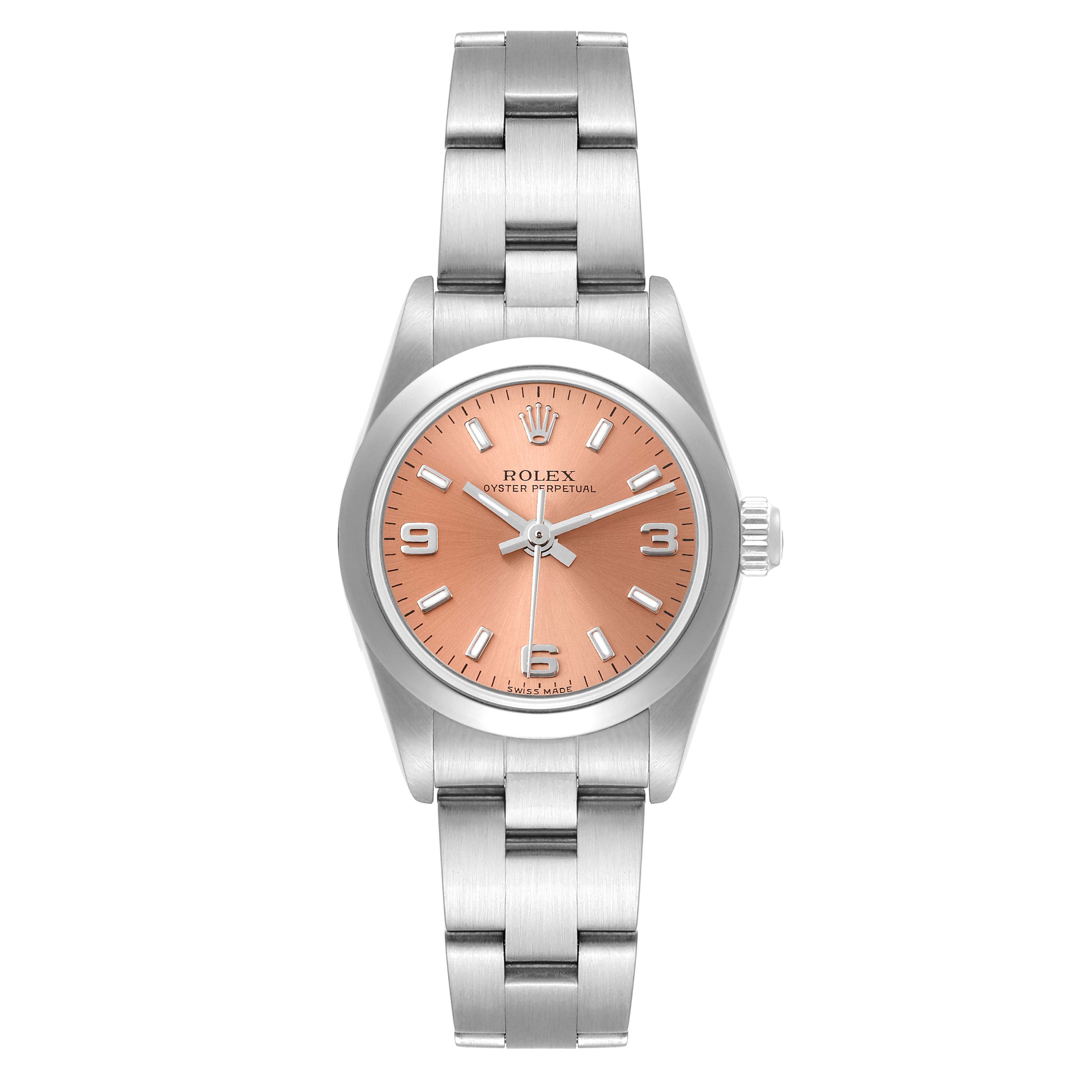 Rolex Oyster Perpetual Salmon Dial Domed Bezel Steel Watch 76080 Box Papers