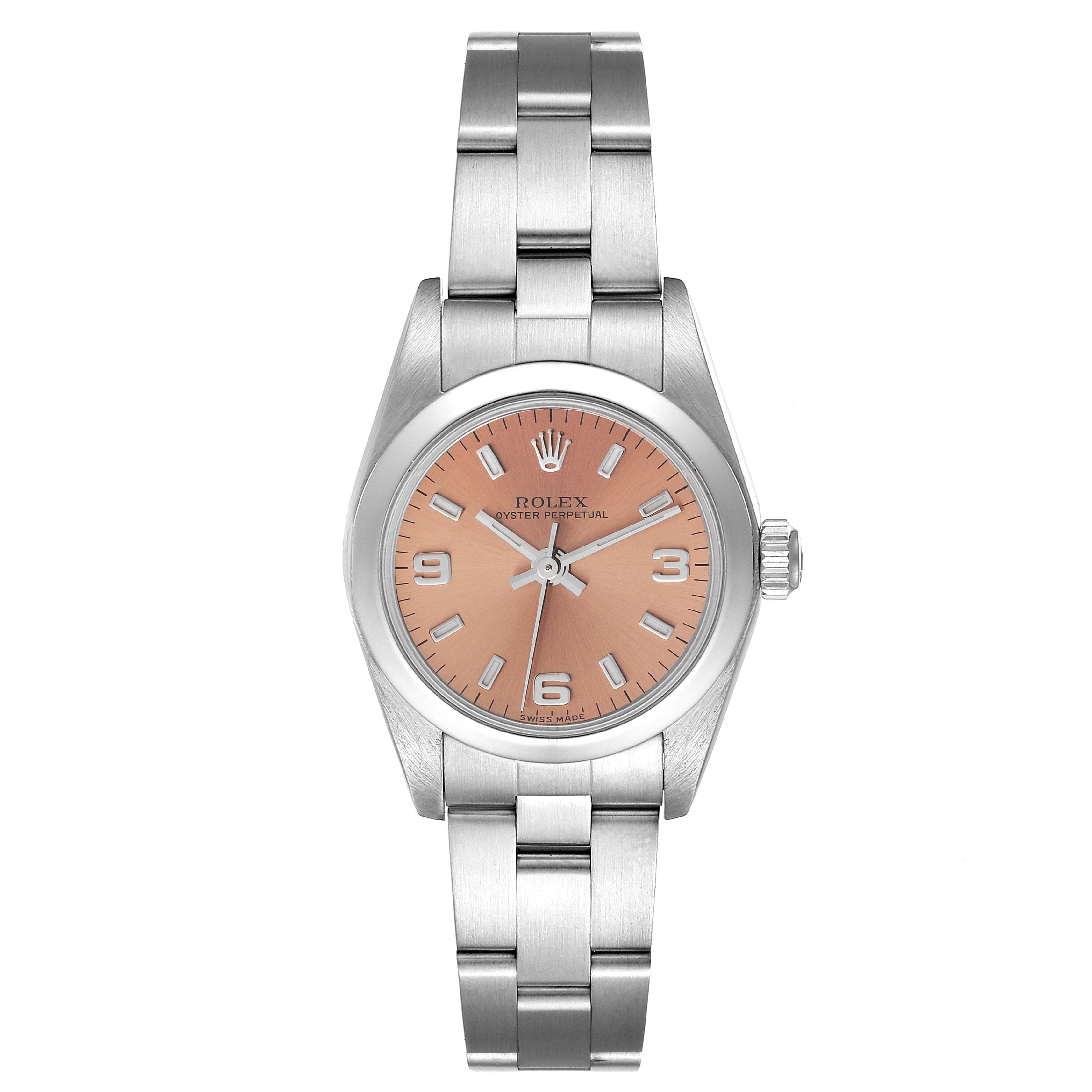 Rolex Oyster Perpetual Salmon Dial Domed Bezel Steel Watch 76080 Papers
