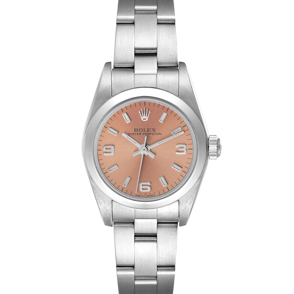 Rolex Oyster Perpetual Salmon Dial Domed Bezel Steel Watch 76080 Papers