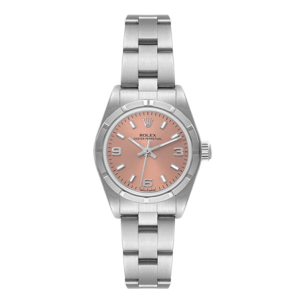 Rolex Oyster Perpetual Salmon Dial Engine Turned Bezel Steel Ladies Watch 76030