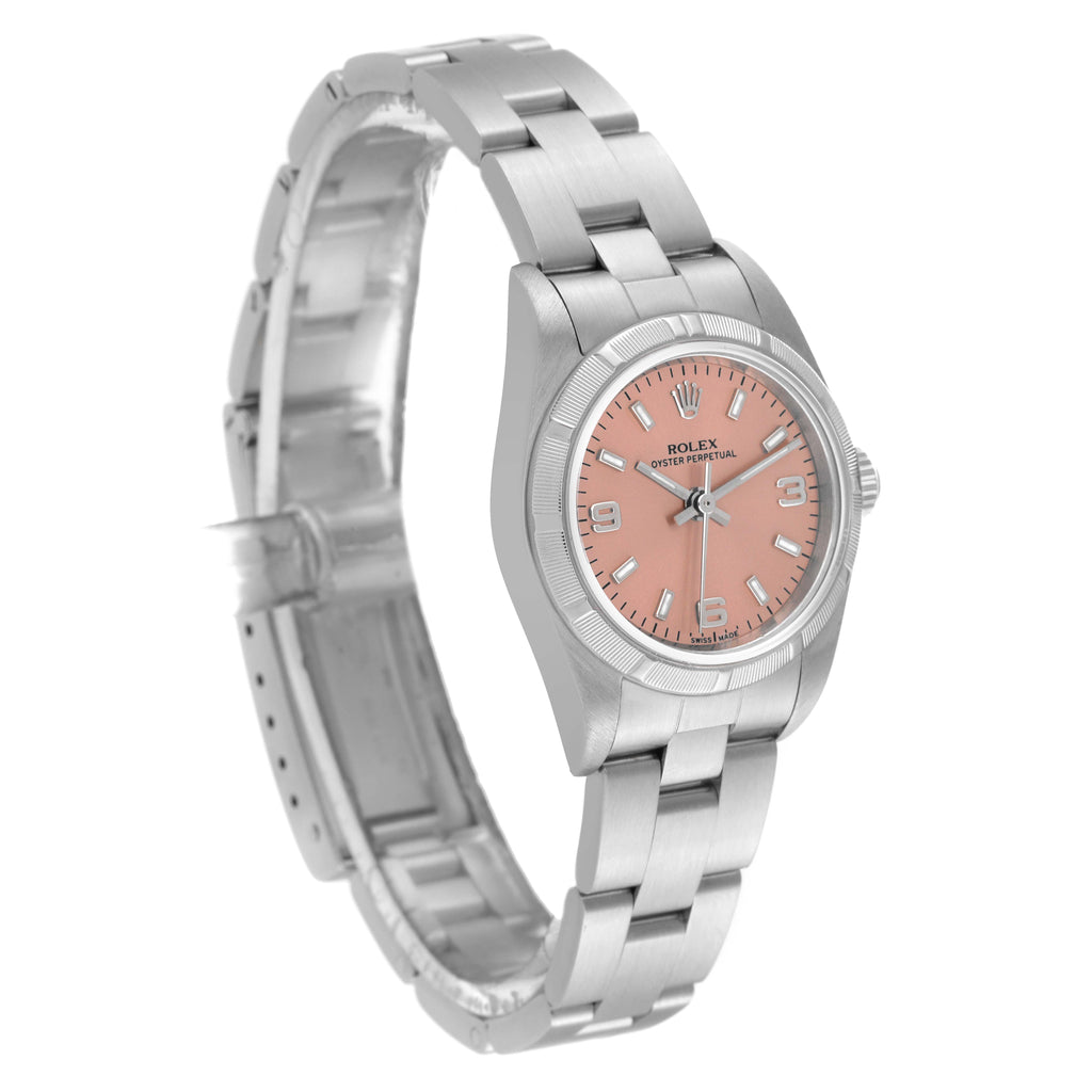 Rolex Oyster Perpetual Salmon Dial Engine Turned Bezel Steel Ladies Watch 76030