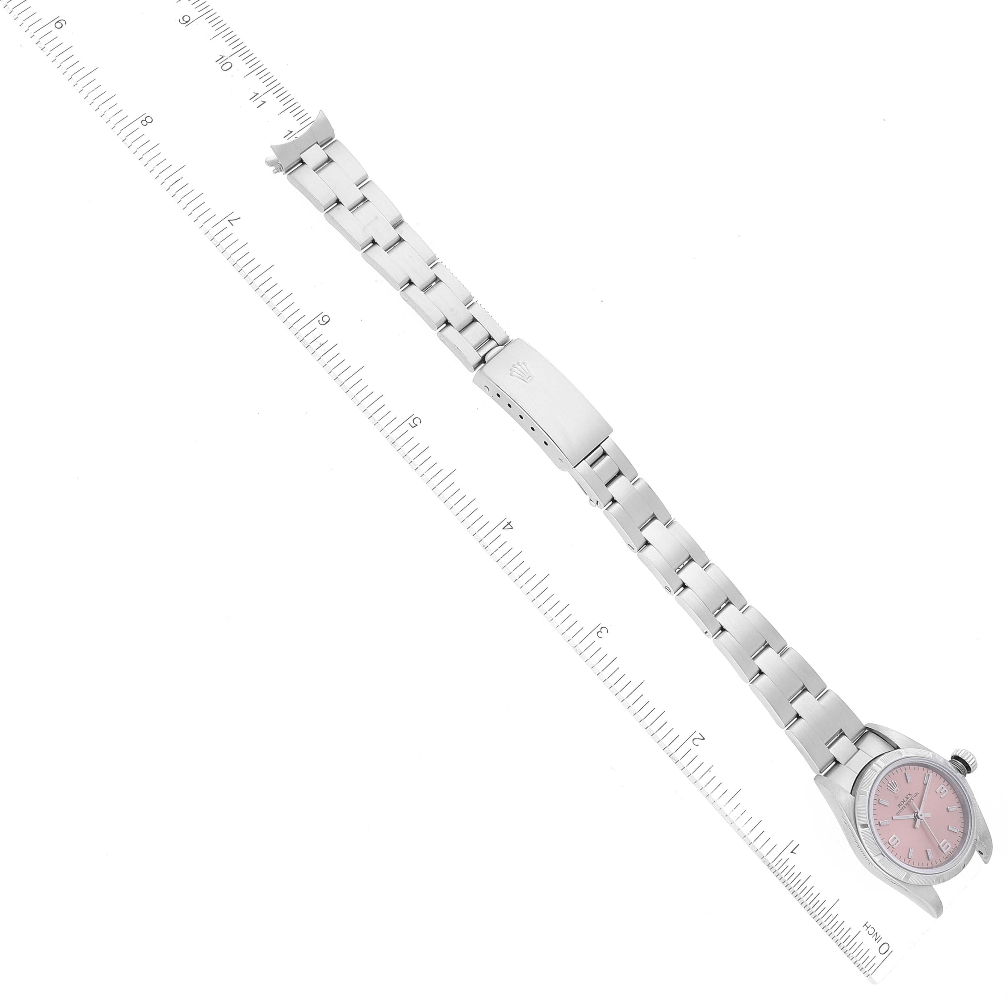 Rolex Oyster Perpetual Salmon Dial Engine Turned Bezel Steel Ladies Watch 76030