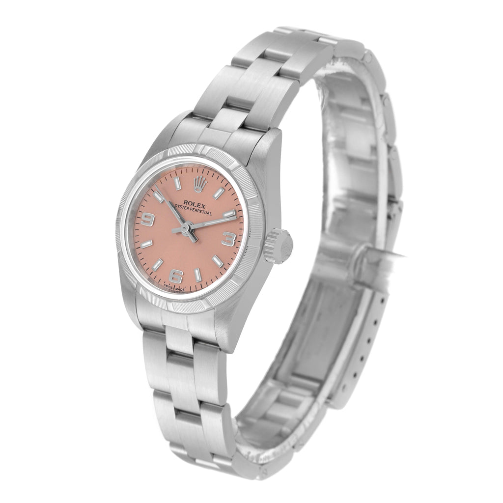 Rolex Oyster Perpetual Salmon Dial Engine Turned Bezel Steel Ladies Watch 76030