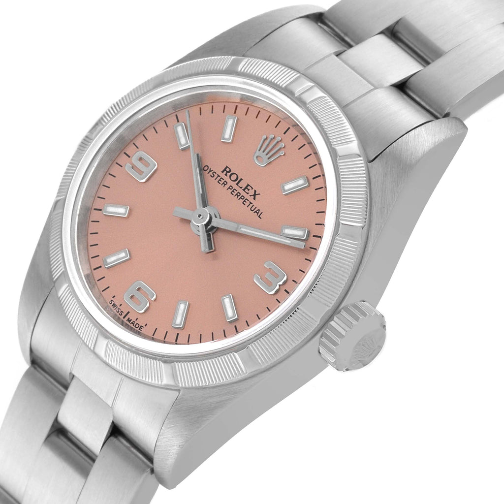 Rolex Oyster Perpetual Salmon Dial Engine Turned Bezel Steel Ladies Watch 76030