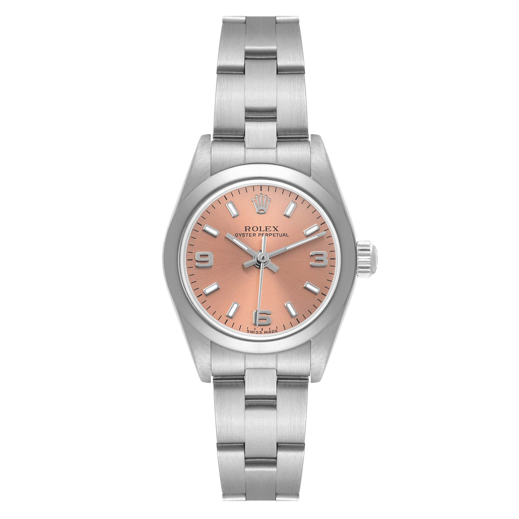 Rolex Oyster Perpetual Salmon Dial Smooth Bezel Steel Ladies Watch 76080