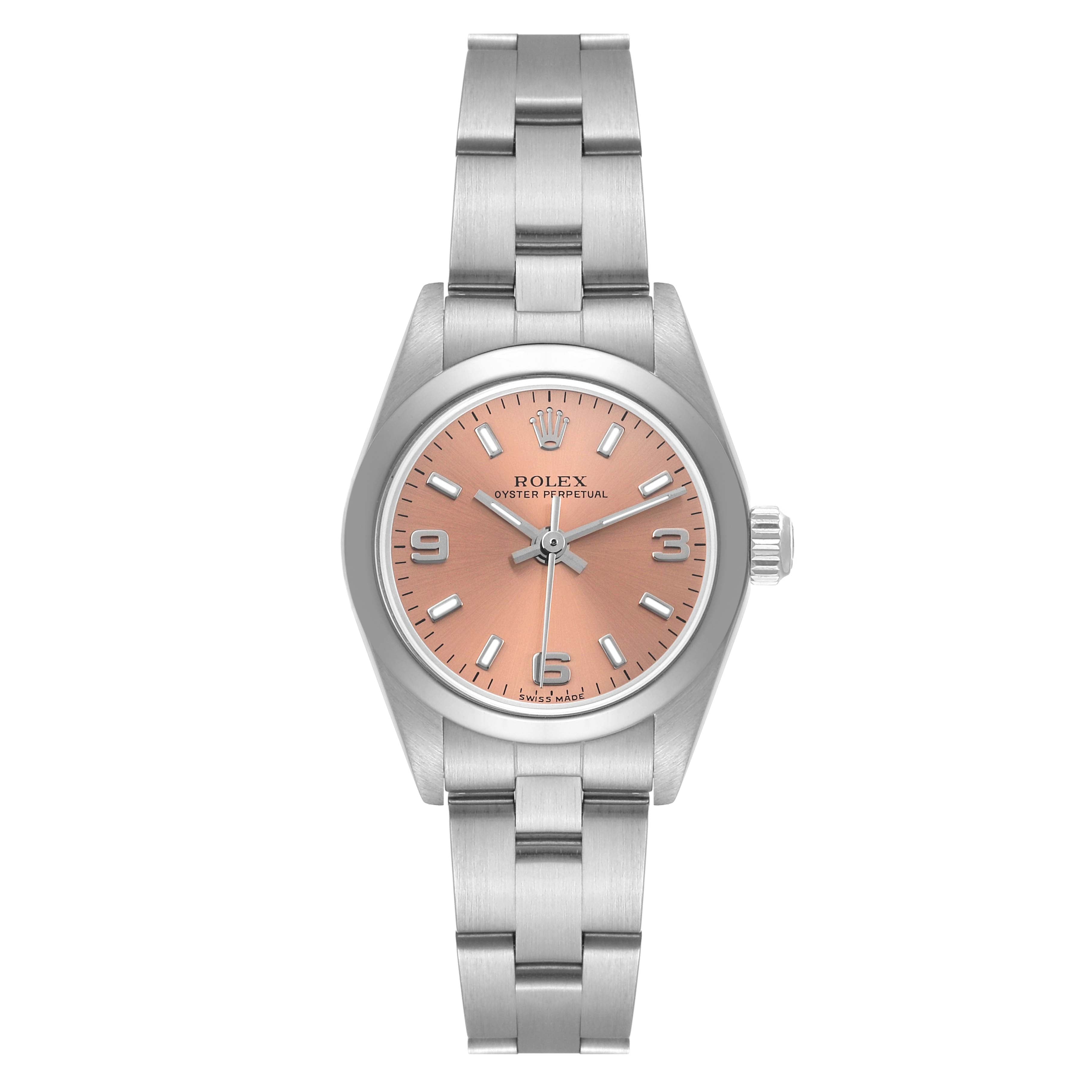 Rolex Oyster Perpetual Salmon Dial Smooth Bezel Steel Ladies Watch 76080