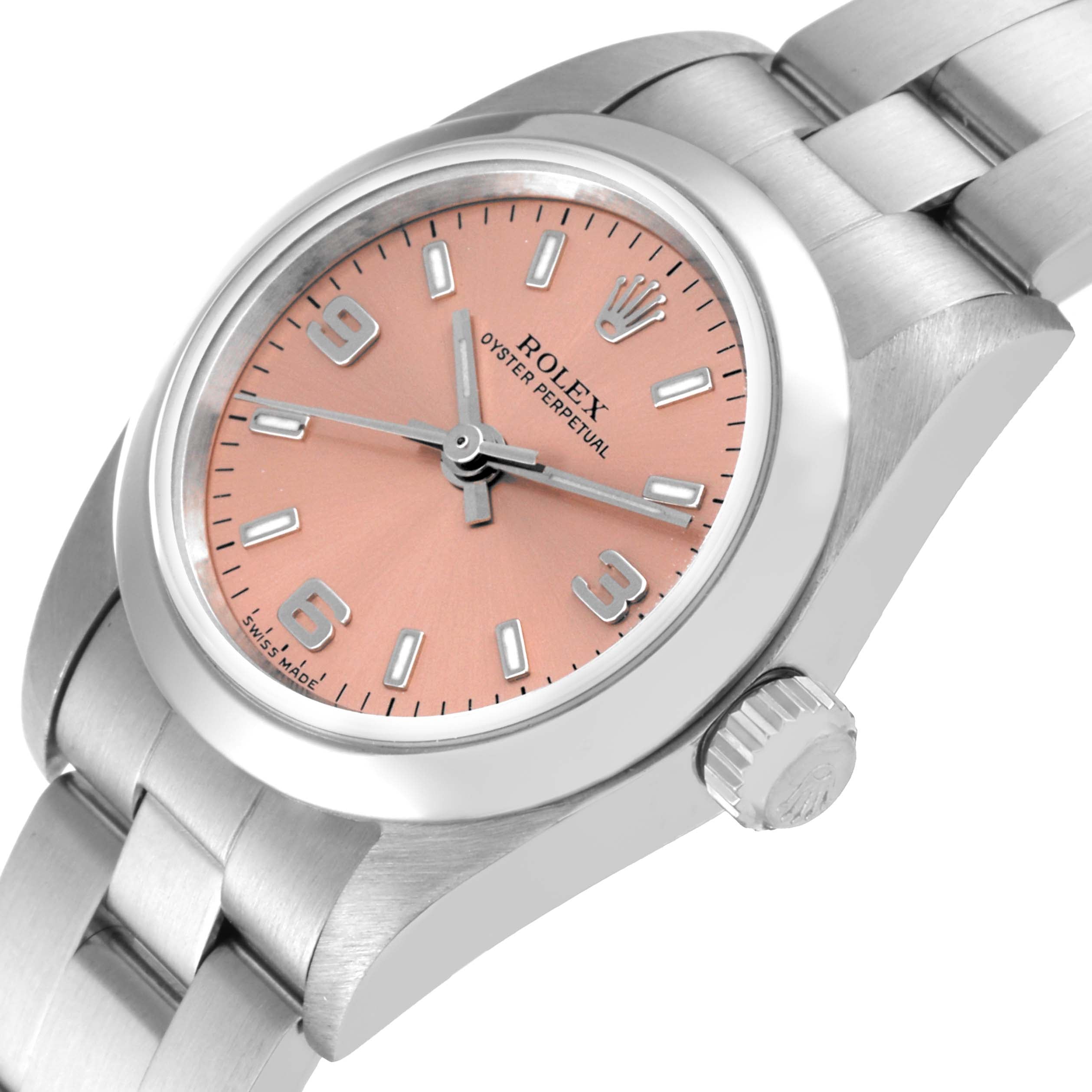 Rolex Oyster Perpetual Salmon Dial Smooth Bezel Steel Ladies Watch 76080