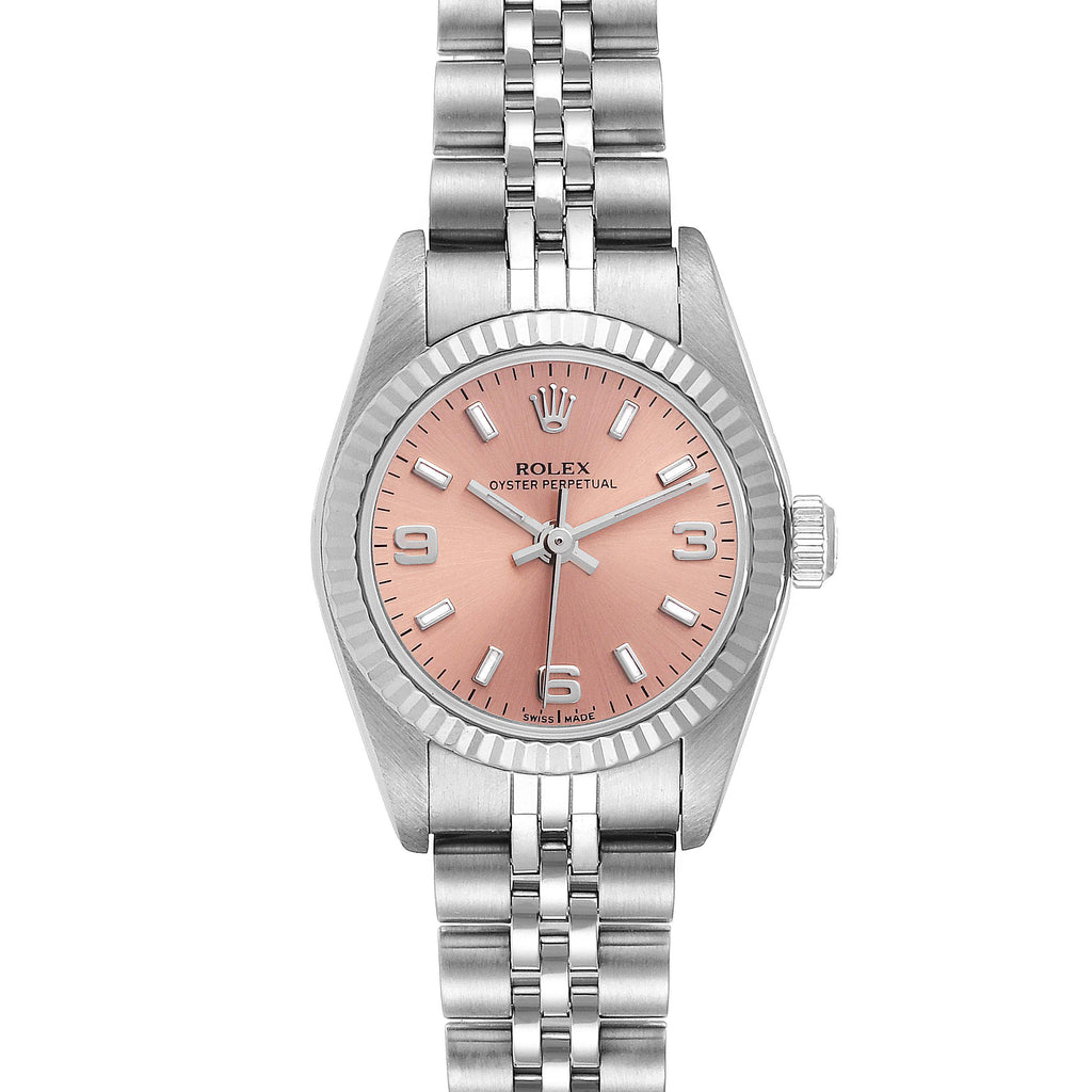 Rolex Oyster Perpetual Salmon Dial Steel White Gold Ladies Watch 76094 Papers