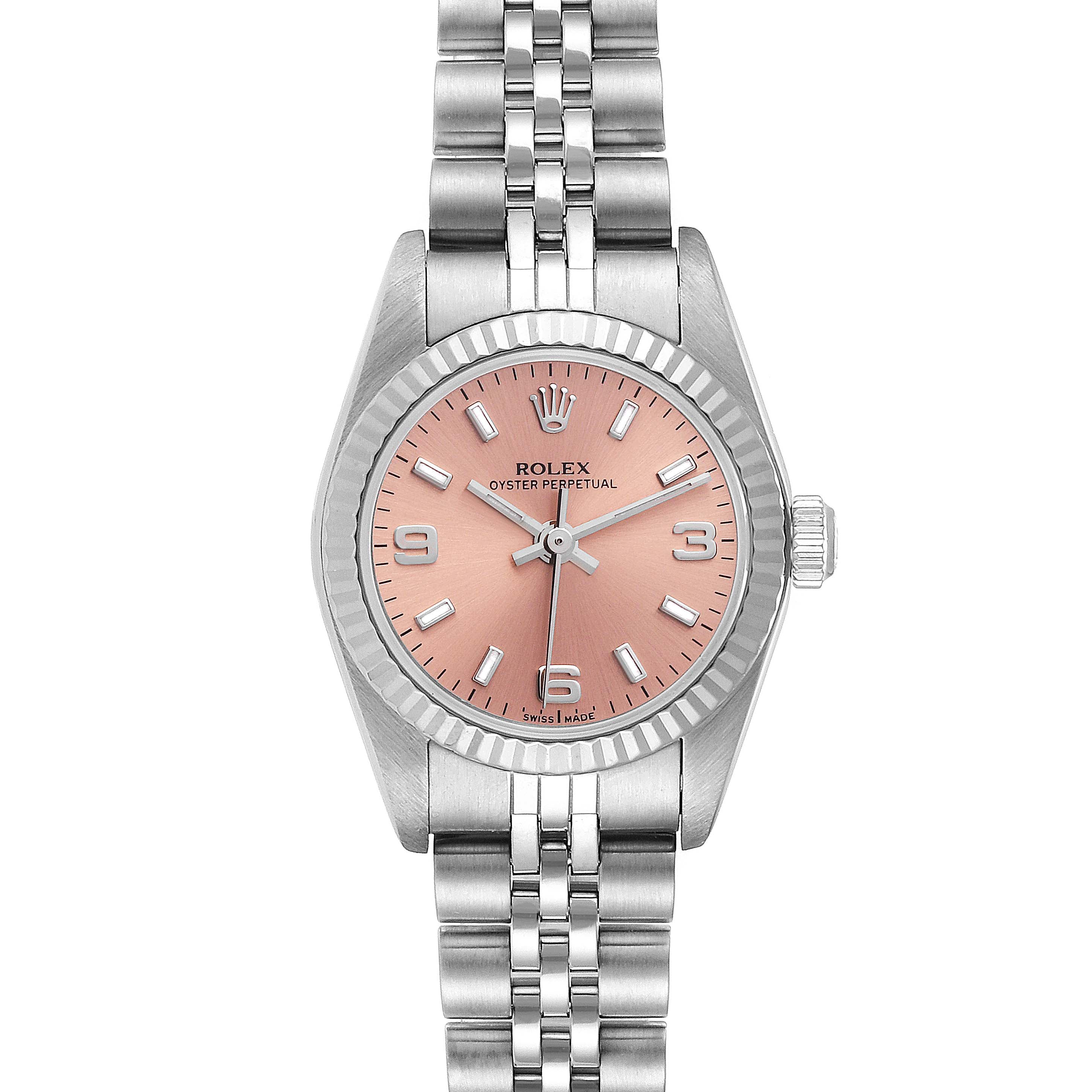 Rolex Oyster Perpetual Salmon Dial Steel White Gold Ladies Watch 76094 Papers
