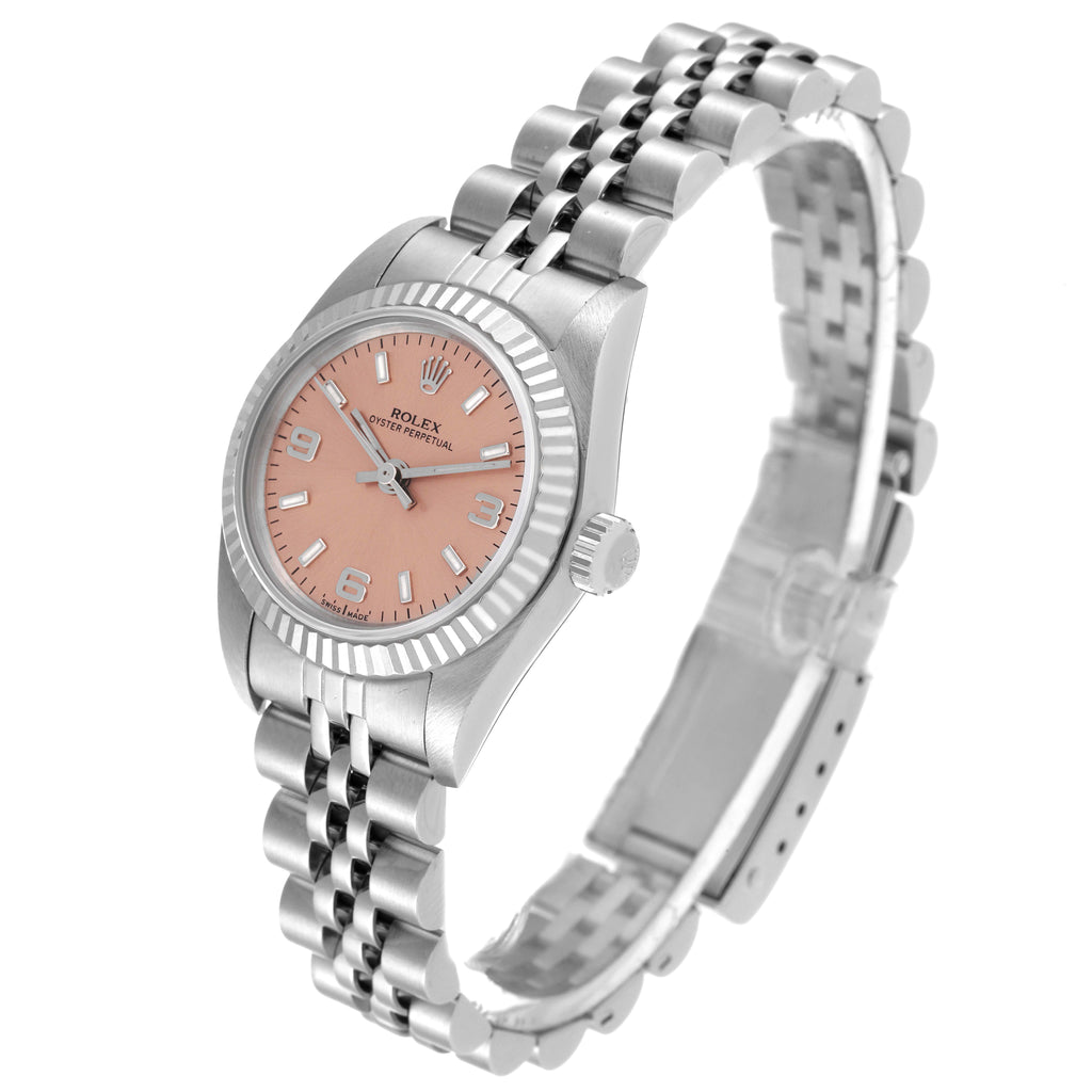 Rolex Oyster Perpetual Salmon Dial Steel White Gold Ladies Watch 76094 Papers