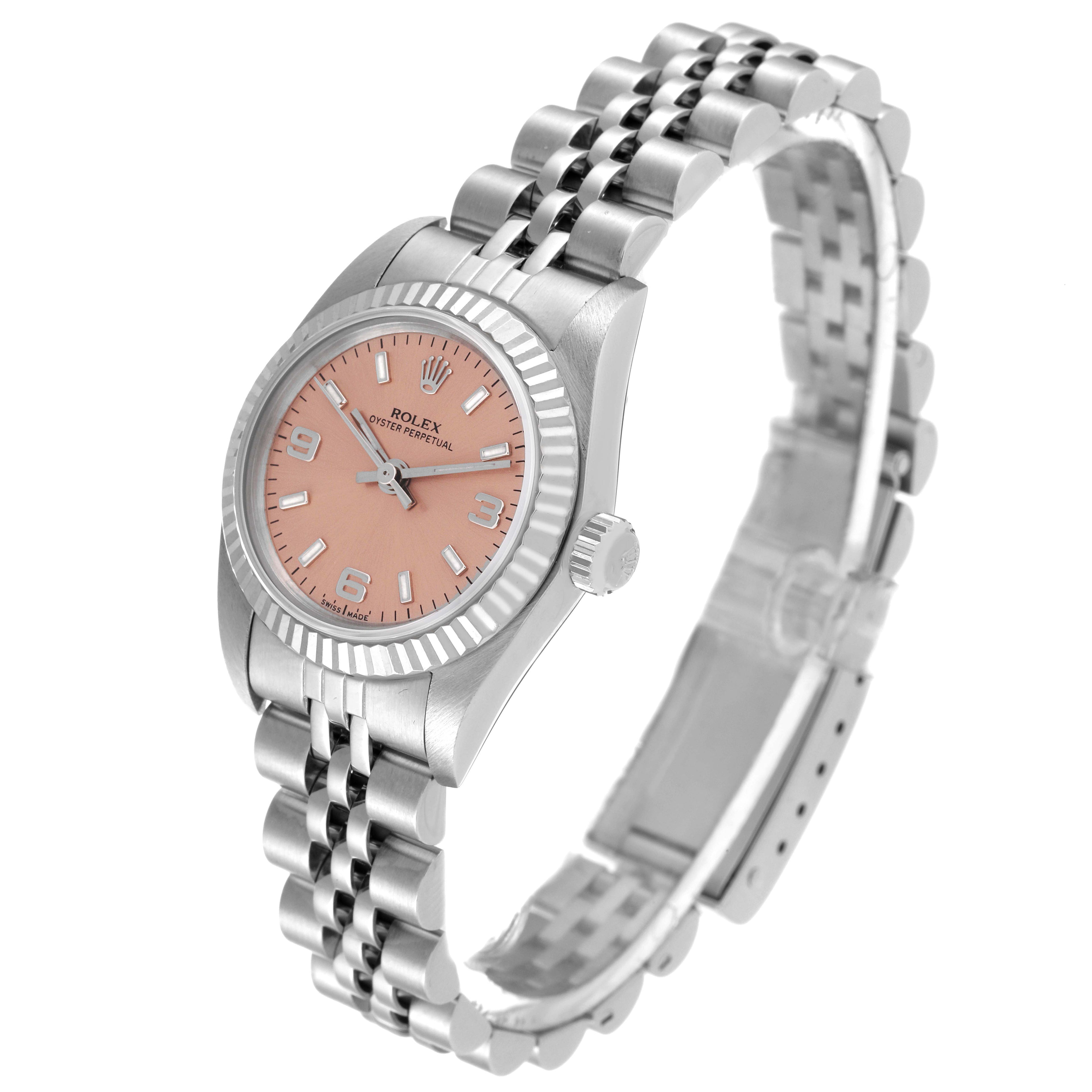 Rolex Oyster Perpetual Salmon Dial Steel White Gold Ladies Watch 76094 Papers