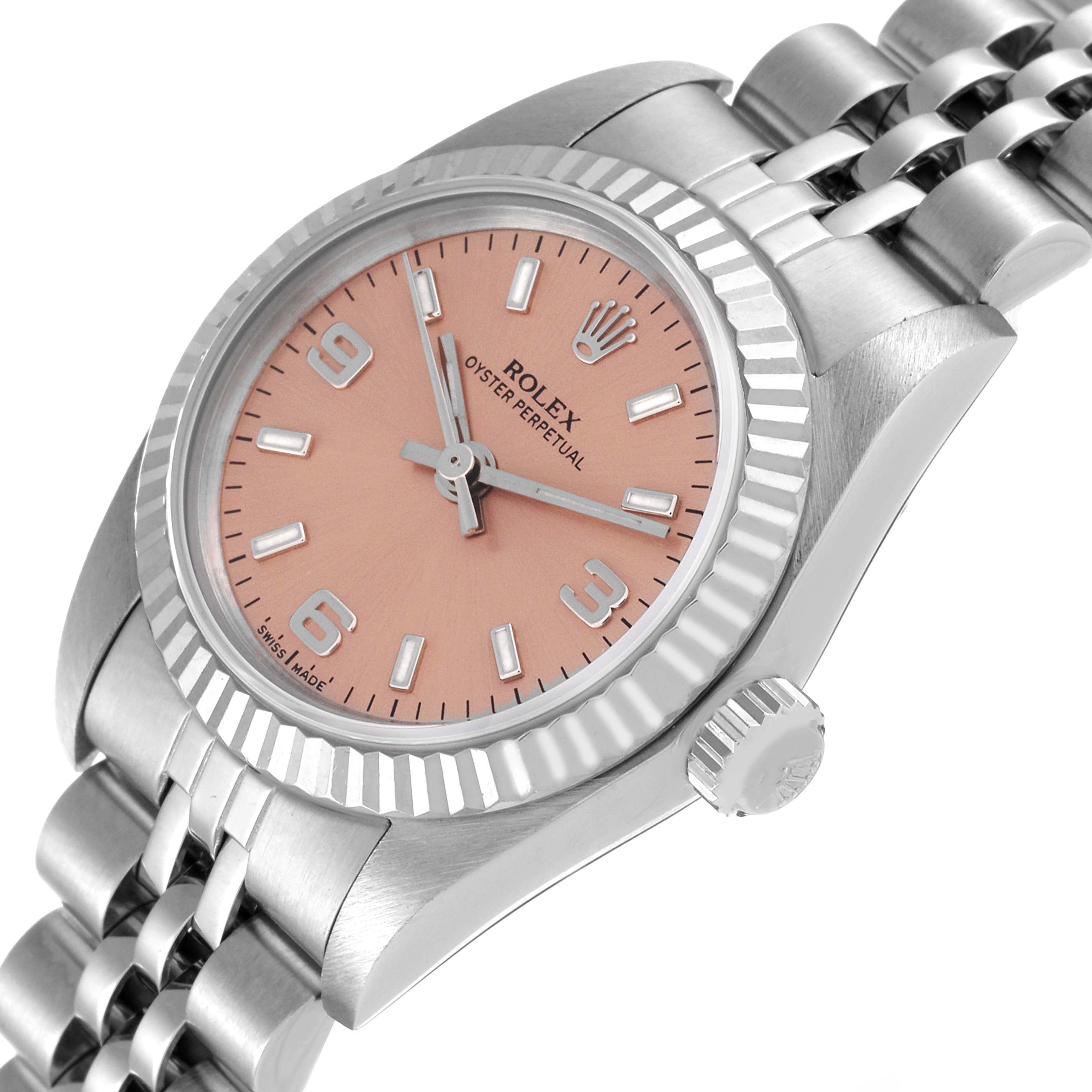 Rolex Oyster Perpetual Salmon Dial Steel White Gold Ladies Watch 76094 Papers