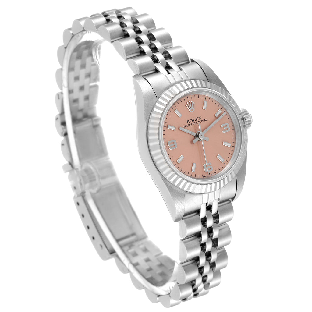 Rolex Oyster Perpetual Salmon Dial Steel White Gold Ladies Watch 76094 Papers