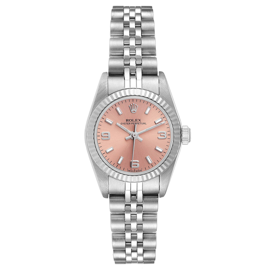 Rolex Oyster Perpetual Salmon Dial Steel White Gold Ladies Watch 76094 Papers