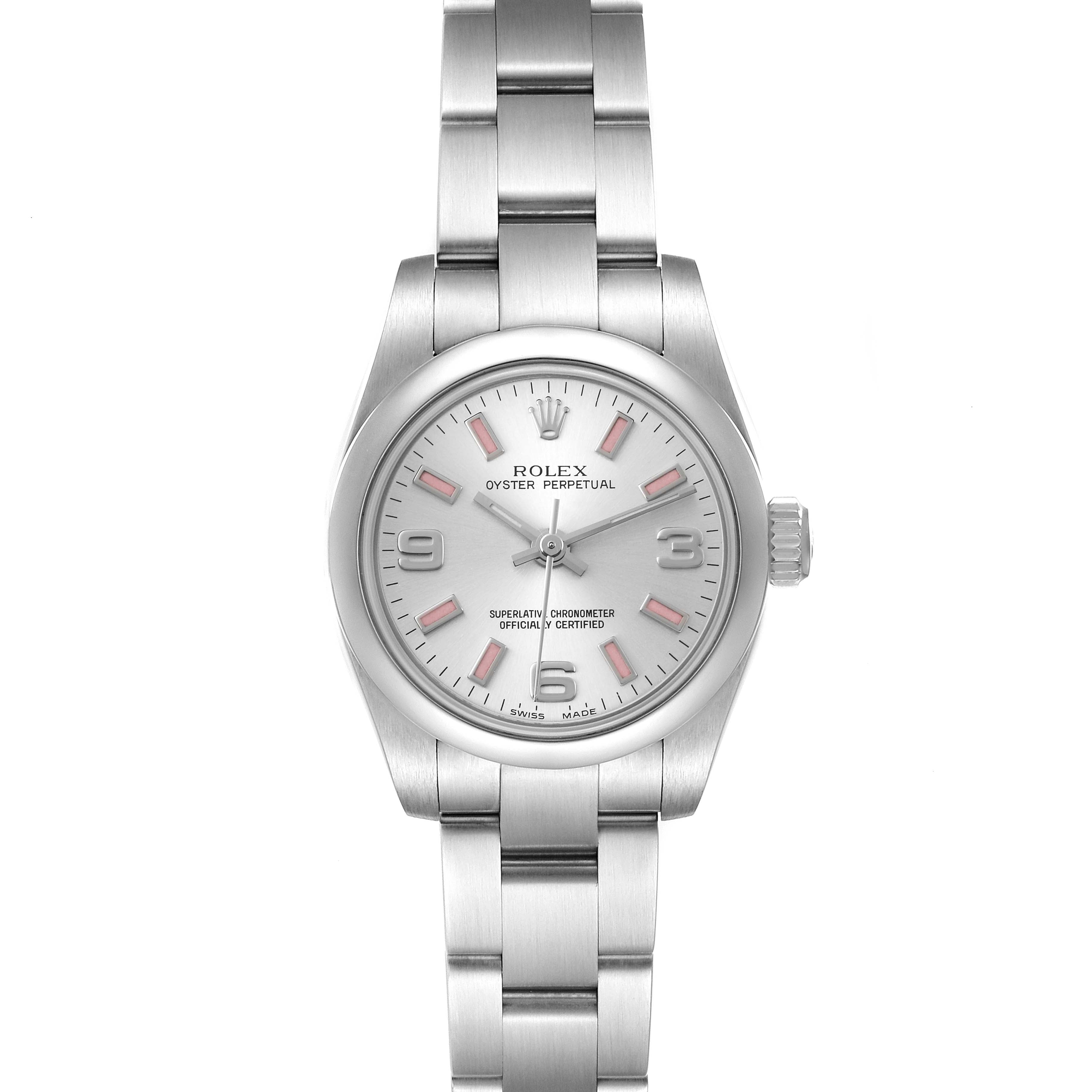 Rolex Oyster Perpetual Silver Dial Pink Luminous Markers Ladies Watch 176200