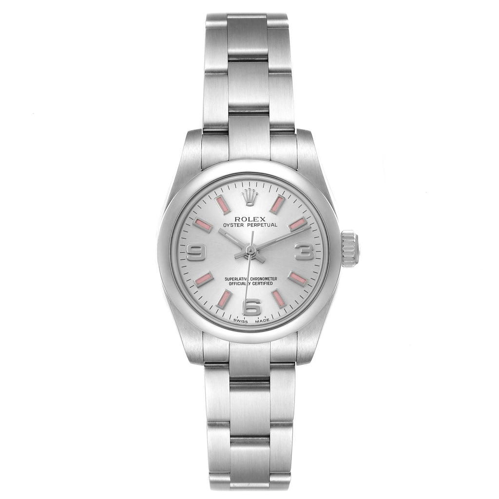 Rolex Oyster Perpetual Silver Dial Pink Luminous Markers Ladies Watch 176200