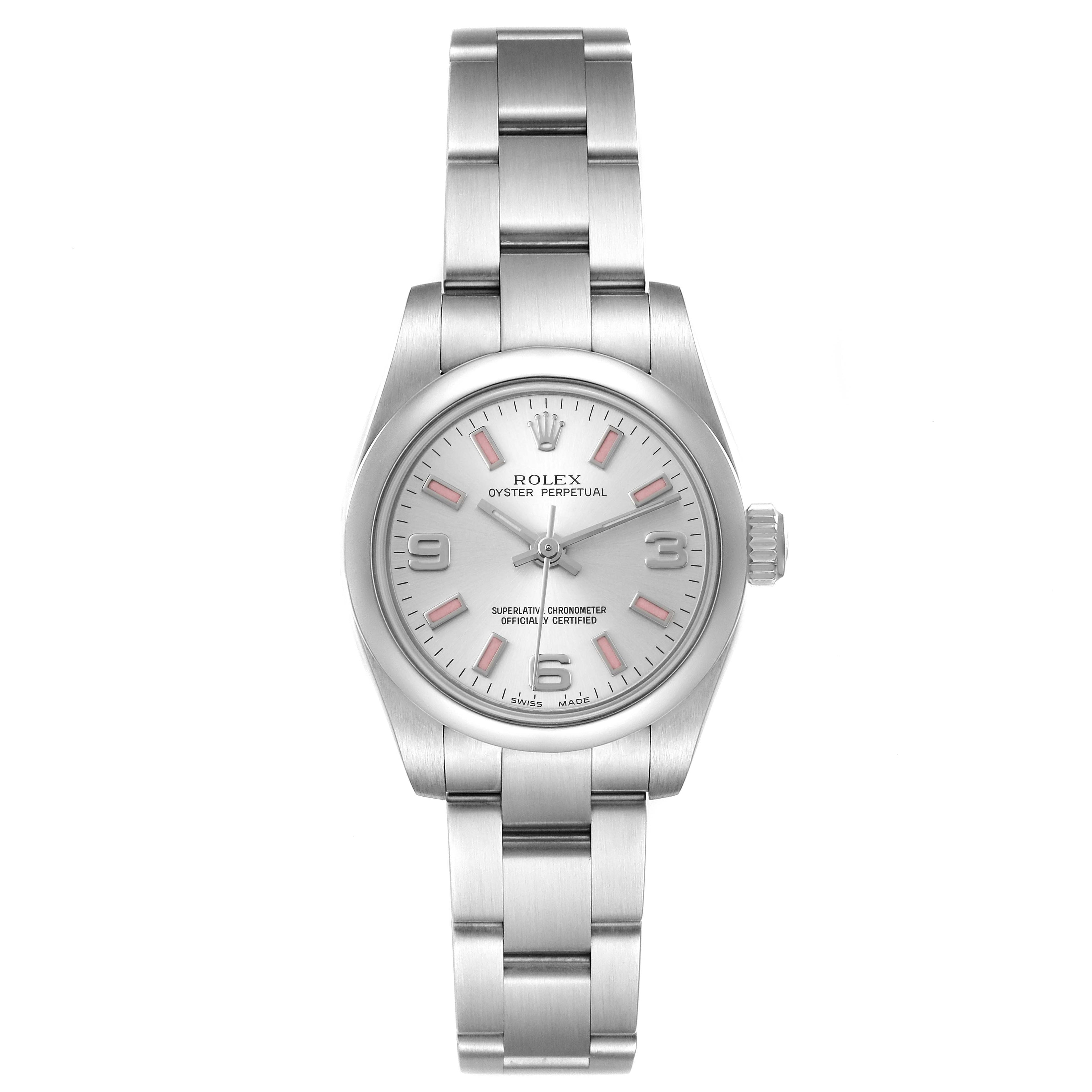 Rolex Oyster Perpetual Silver Dial Pink Luminous Markers Ladies Watch 176200