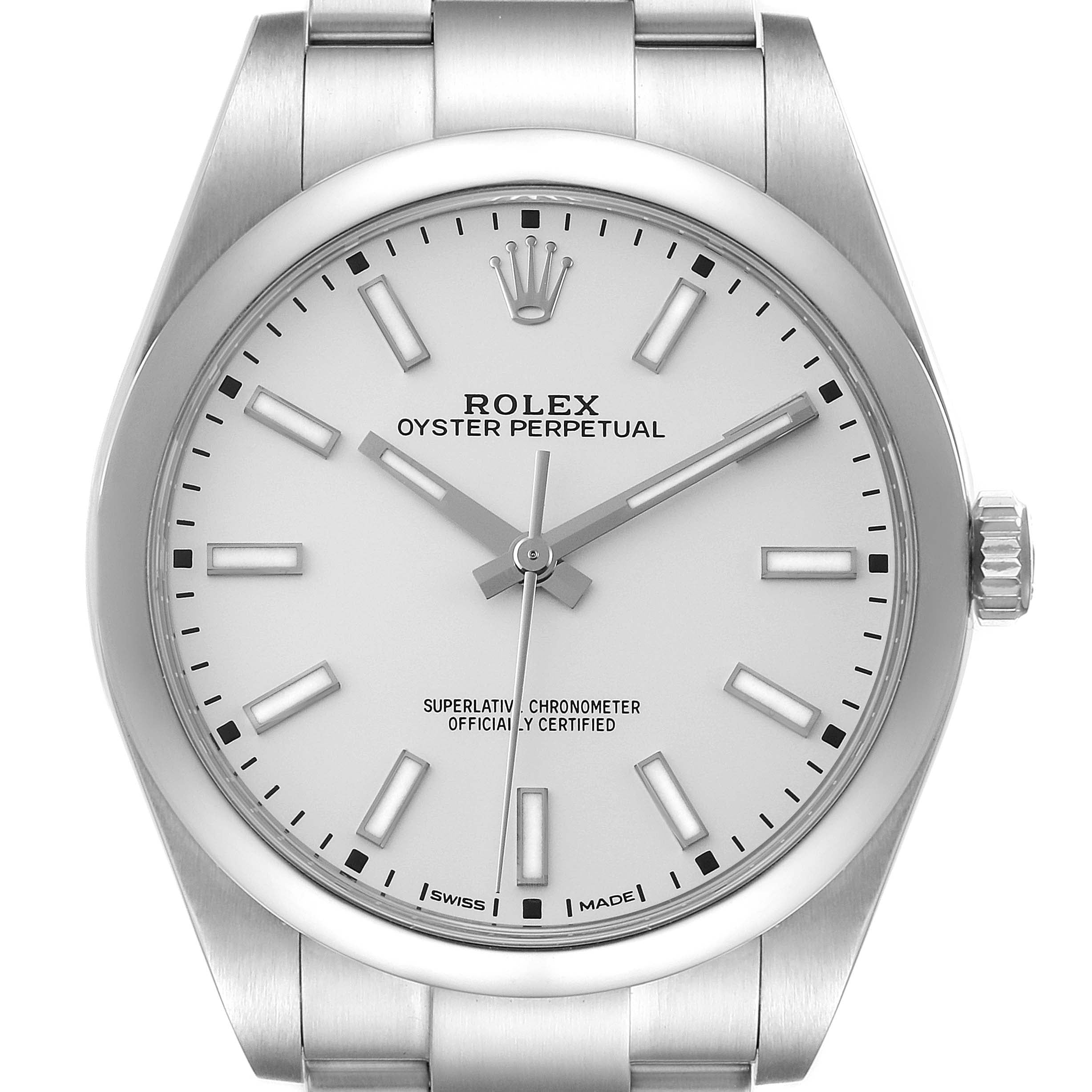 Rolex Oyster Perpetual Silver Dial Steel Mens Watch 114300 Box Card