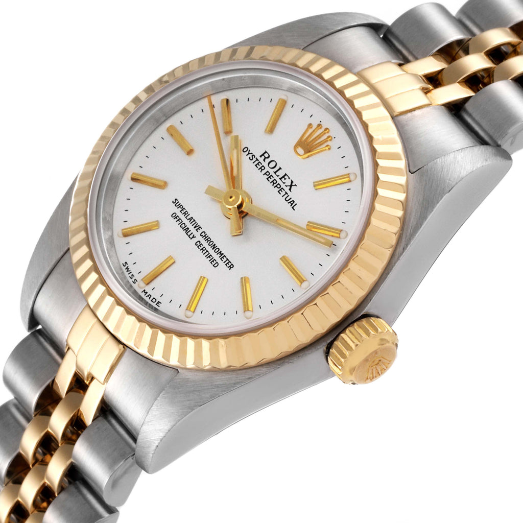 Rolex Oyster Perpetual Silver Dial Steel Yellow Gold Watch 76193 Box Papers