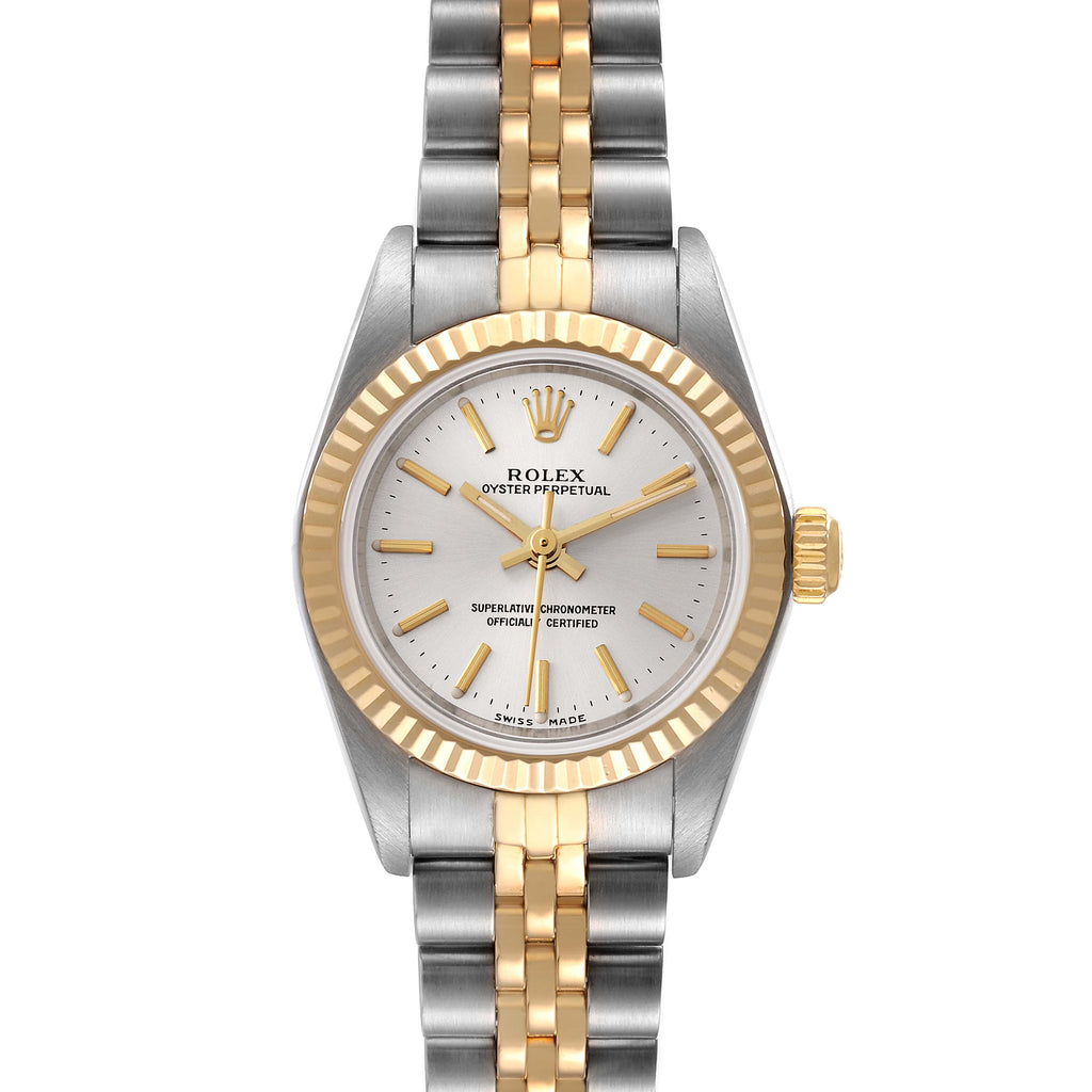 Rolex Oyster Perpetual Silver Dial Steel Yellow Gold Watch 76193 Box Papers