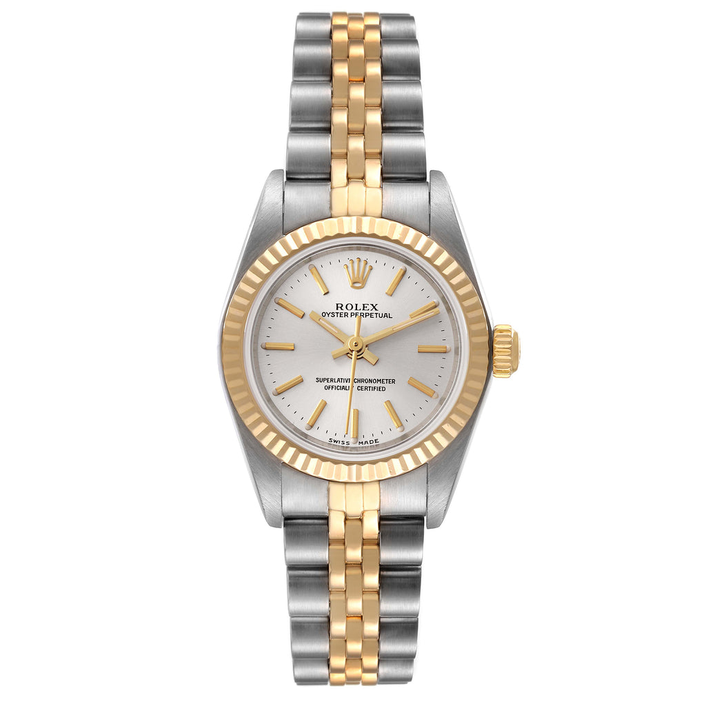 Rolex Oyster Perpetual Silver Dial Steel Yellow Gold Watch 76193 Box Papers