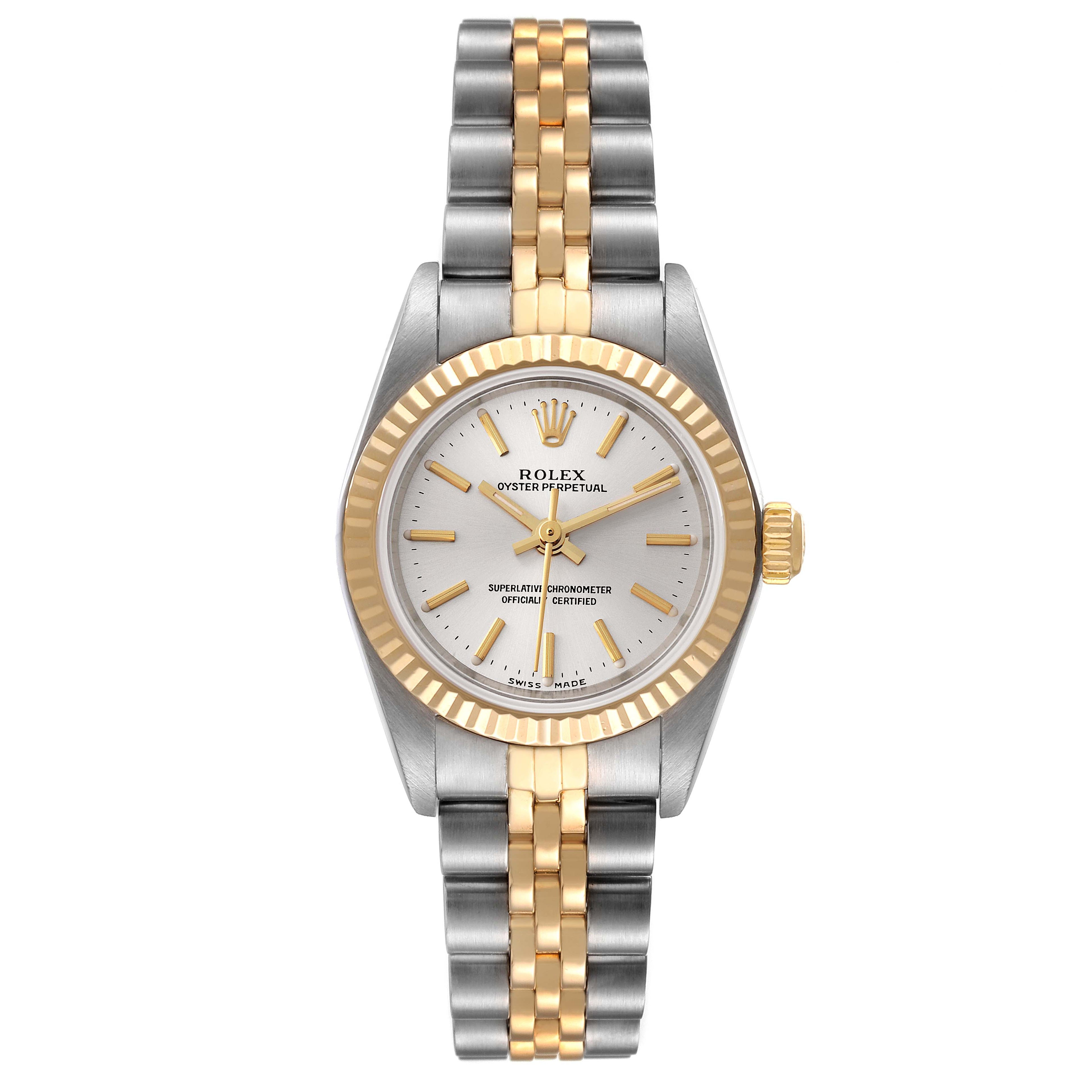 Rolex Oyster Perpetual Silver Dial Steel Yellow Gold Watch 76193 Box Papers