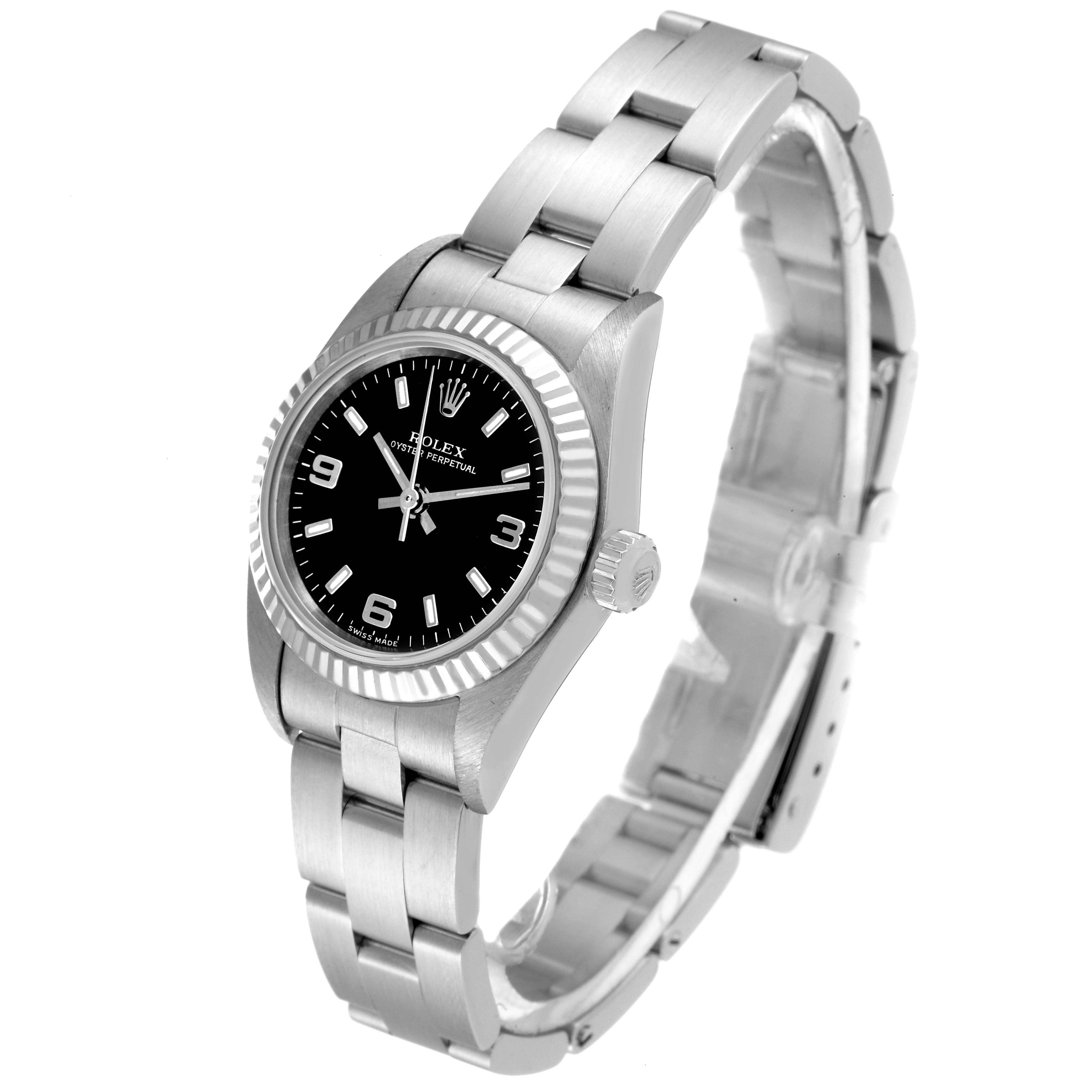 Rolex Oyster Perpetual Steel White Gold Black Dial Ladies Watch 76094 Box Papers