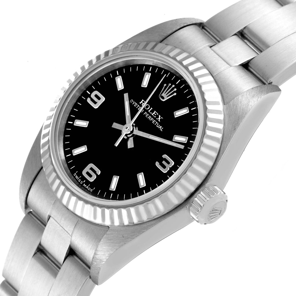 Rolex Oyster Perpetual Steel White Gold Black Dial Ladies Watch 76094 Box Papers
