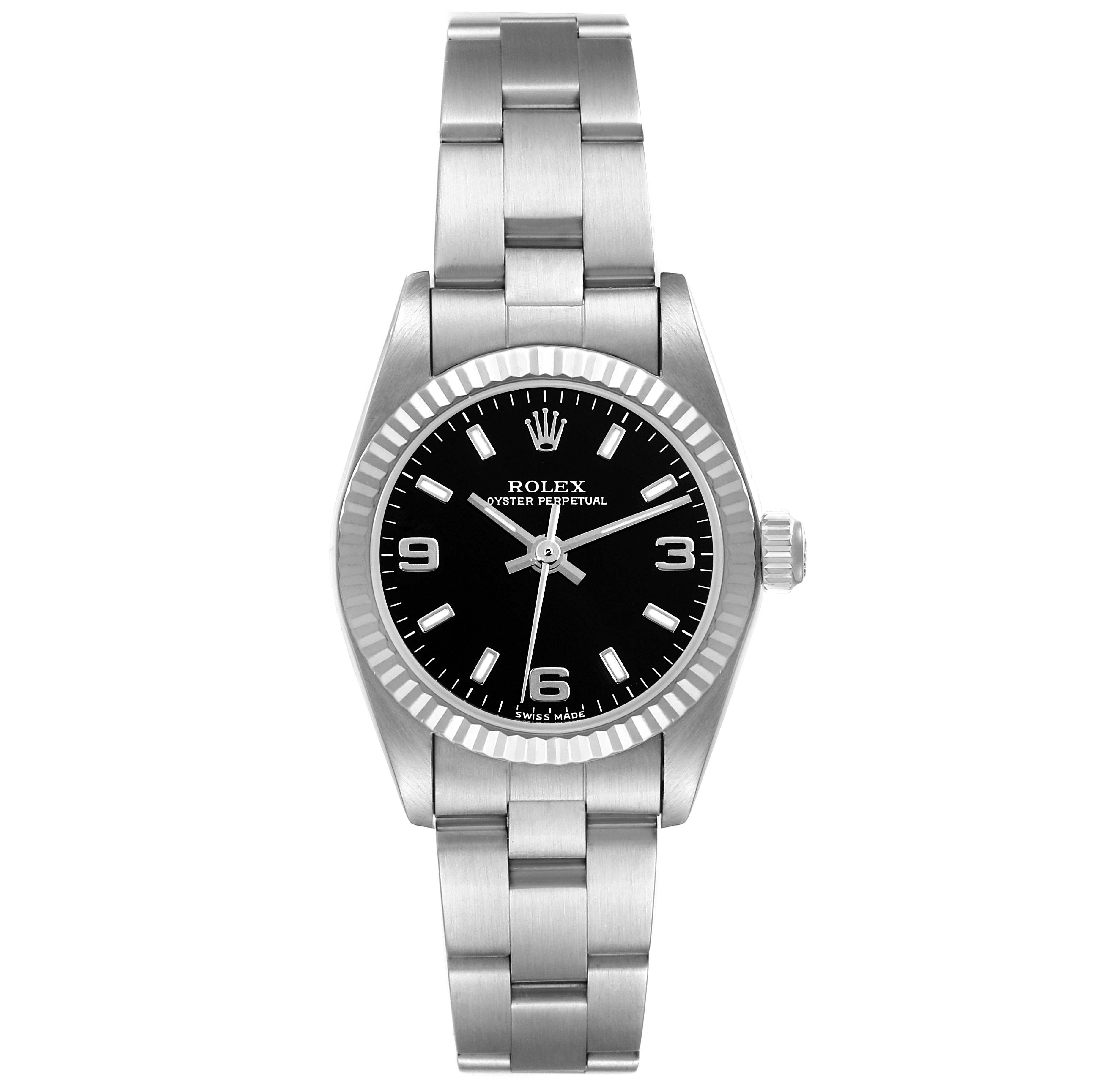 Rolex Oyster Perpetual Steel White Gold Black Dial Ladies Watch 76094 Box Papers