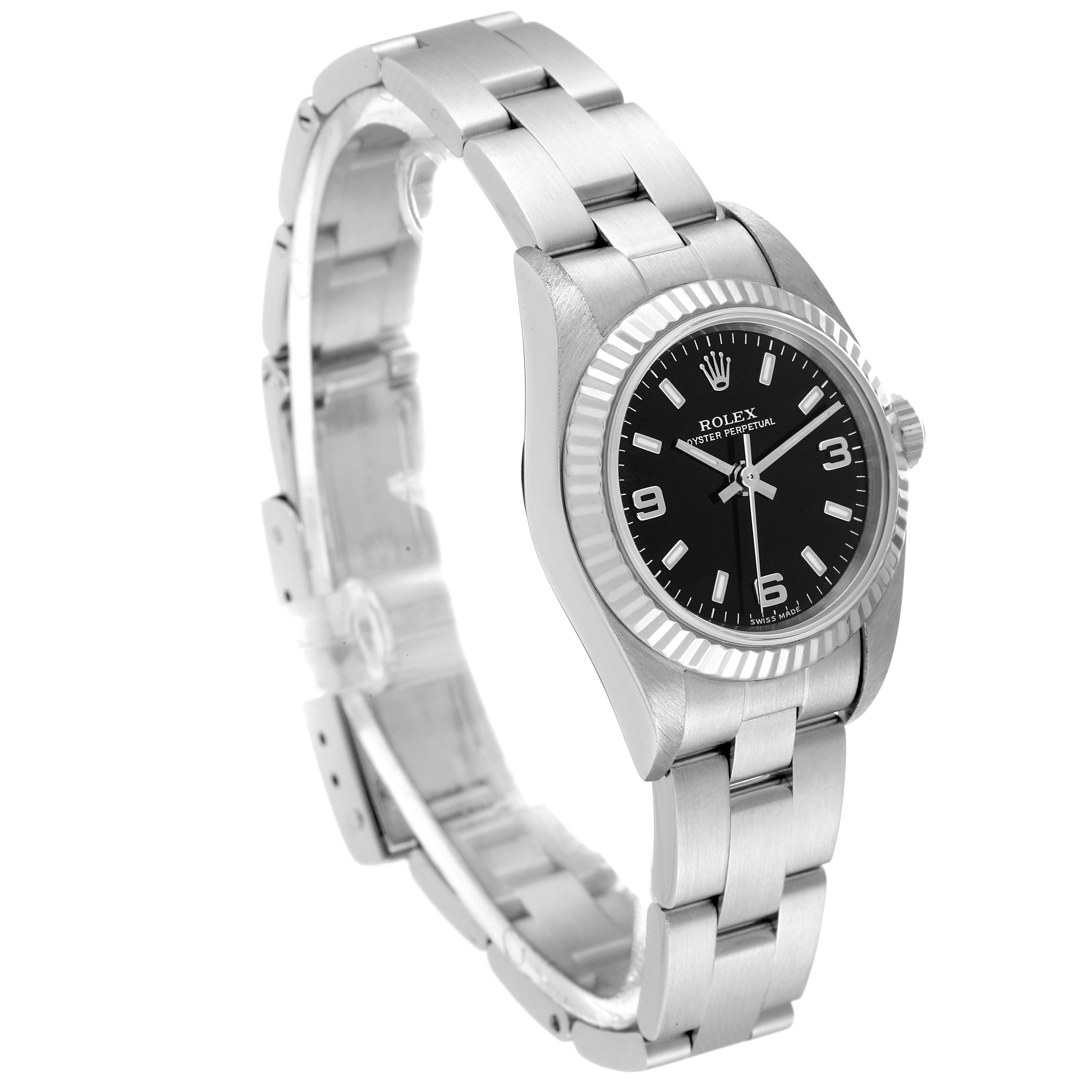 Rolex Oyster Perpetual Steel White Gold Black Dial Ladies Watch 76094 Box Papers