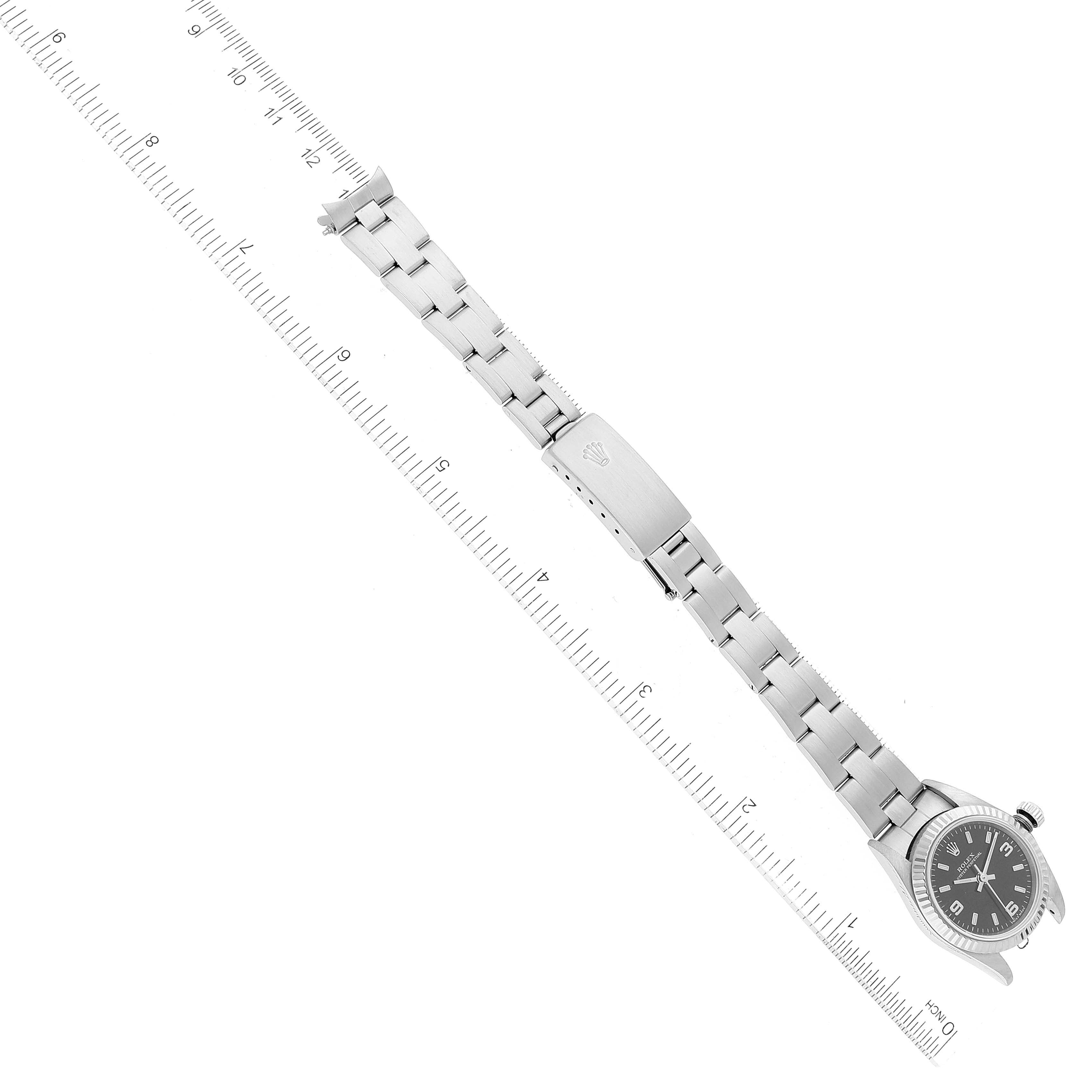 Rolex Oyster Perpetual Steel White Gold Black Dial Ladies Watch 76094 Box Papers