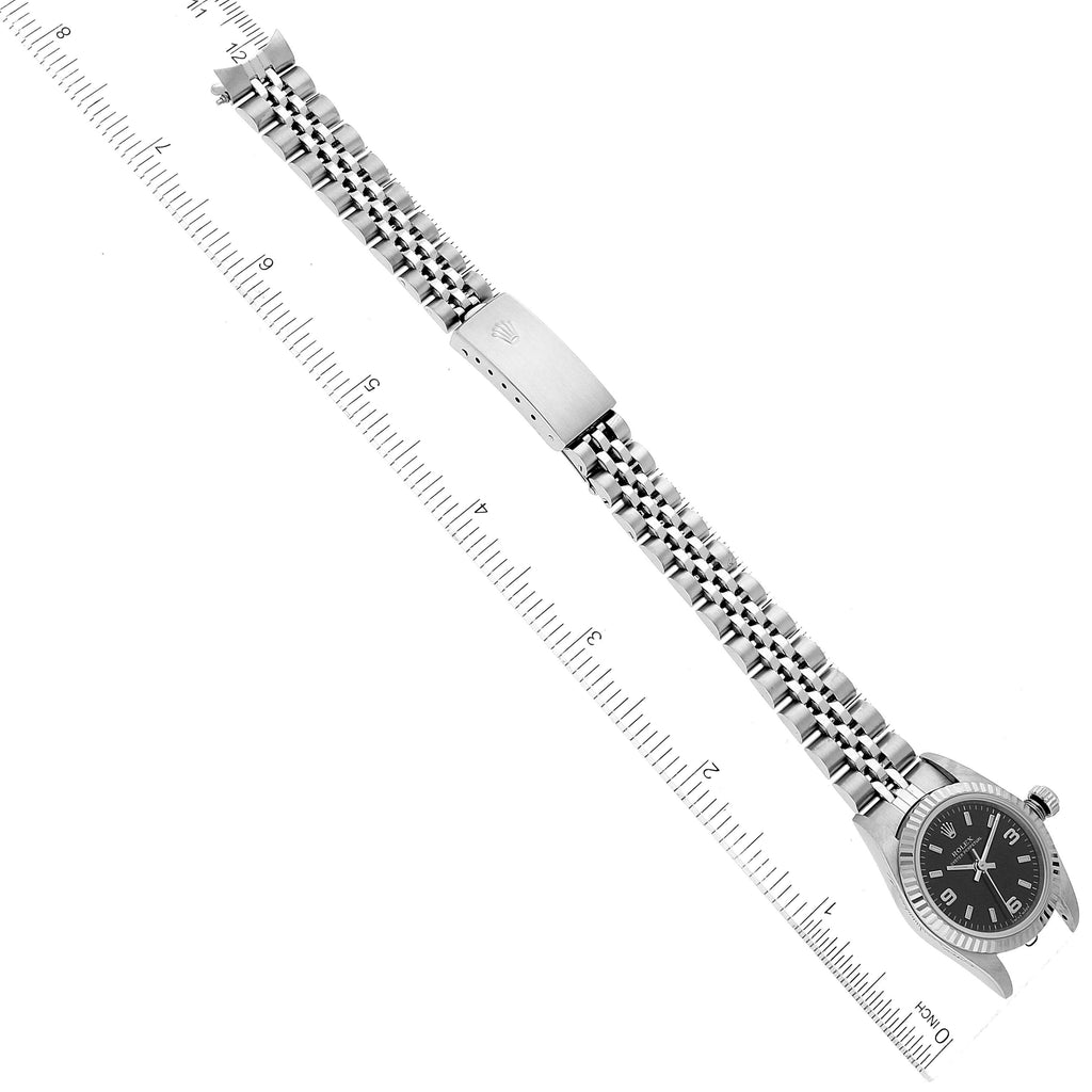 Rolex Oyster Perpetual Steel White Gold Black Dial Ladies Watch 76094 Papers