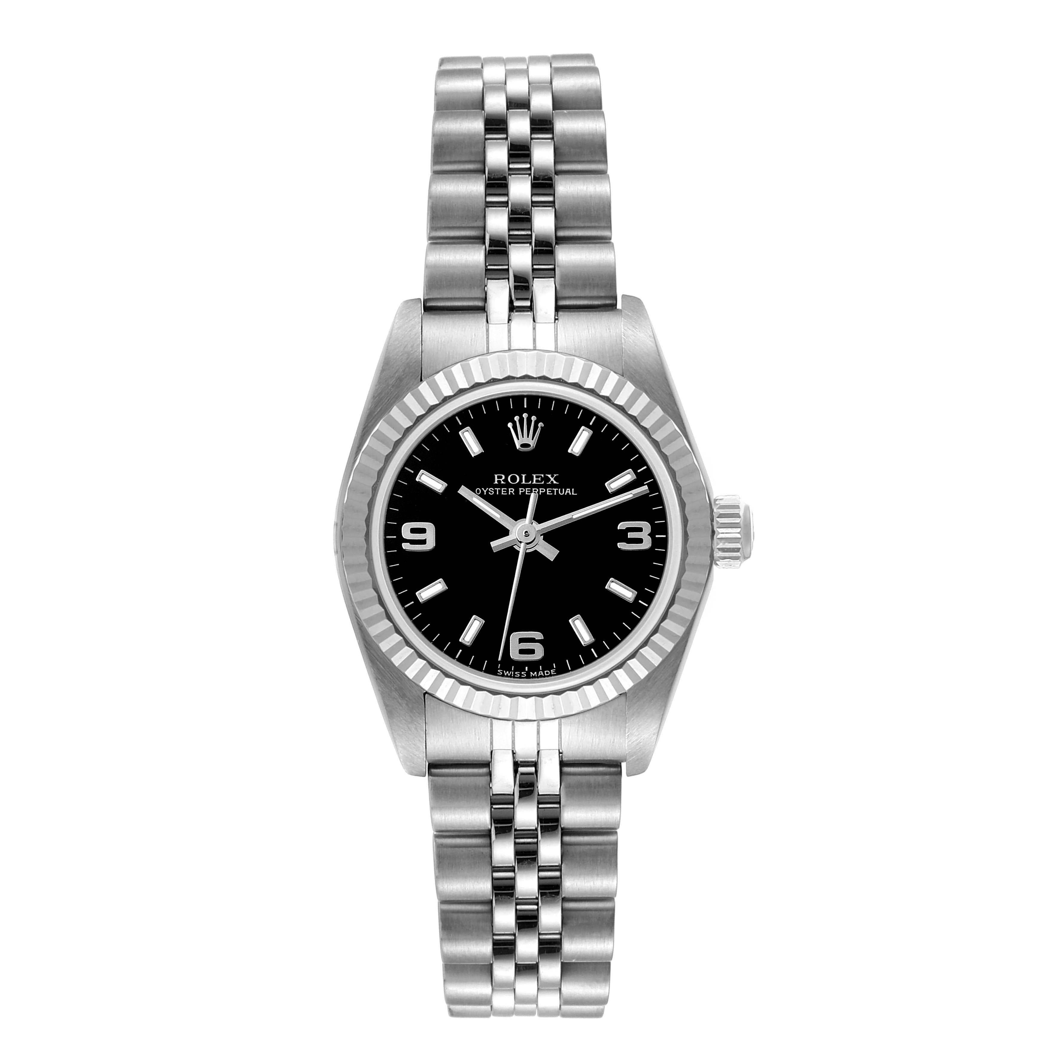 Rolex Oyster Perpetual Steel White Gold Black Dial Ladies Watch 76094 Papers