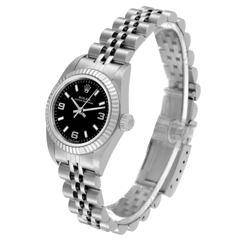 Rolex Oyster Perpetual Steel White Gold Black Dial Ladies Watch 76094 Papers