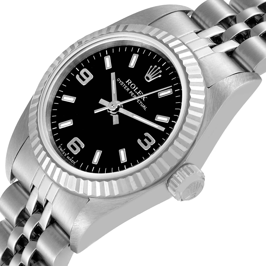 Rolex Oyster Perpetual Steel White Gold Black Dial Ladies Watch 76094 Papers