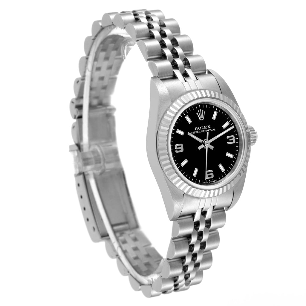 Rolex Oyster Perpetual Steel White Gold Black Dial Ladies Watch 76094 Papers