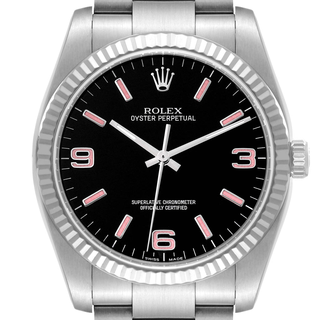 Rolex Oyster Perpetual Steel White Gold Black Dial Mens Watch 116034 Box Card