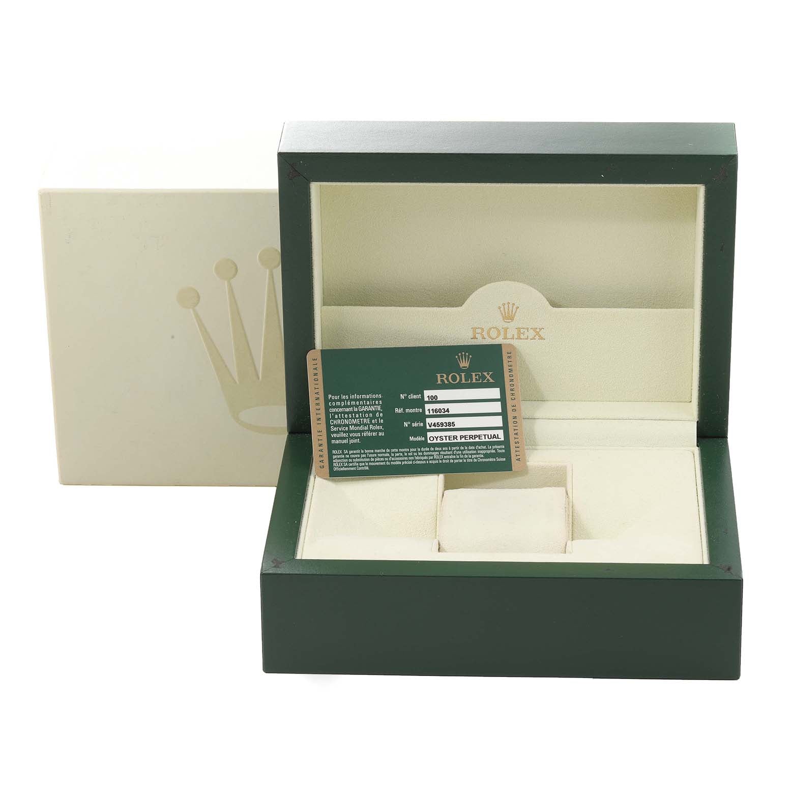 Rolex Oyster Perpetual Steel White Gold Black Dial Mens Watch 116034 Box Card