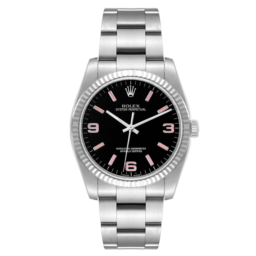 Rolex Oyster Perpetual Steel White Gold Black Dial Mens Watch 116034 Box Card