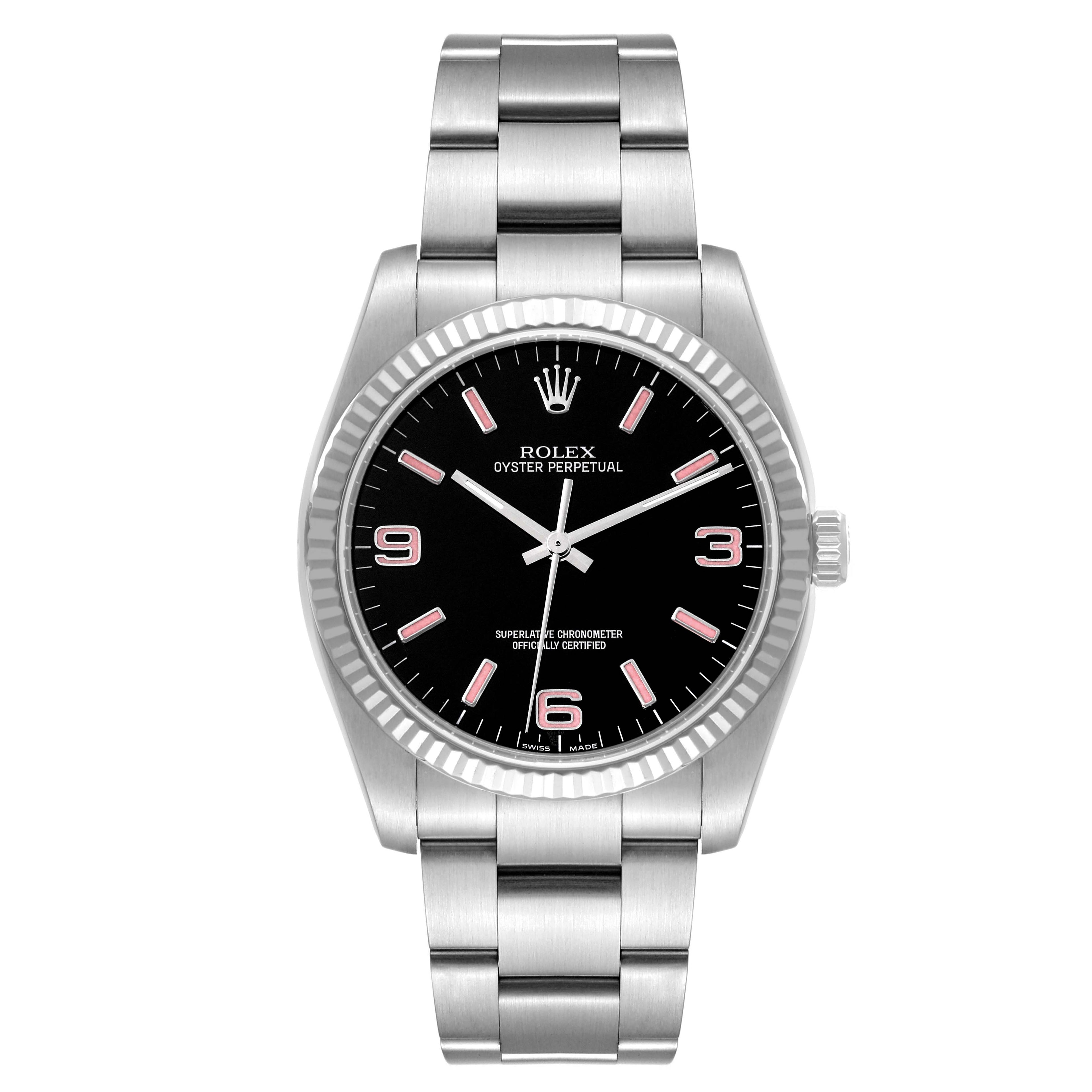 Rolex Oyster Perpetual Steel White Gold Black Dial Mens Watch 116034 Box Card