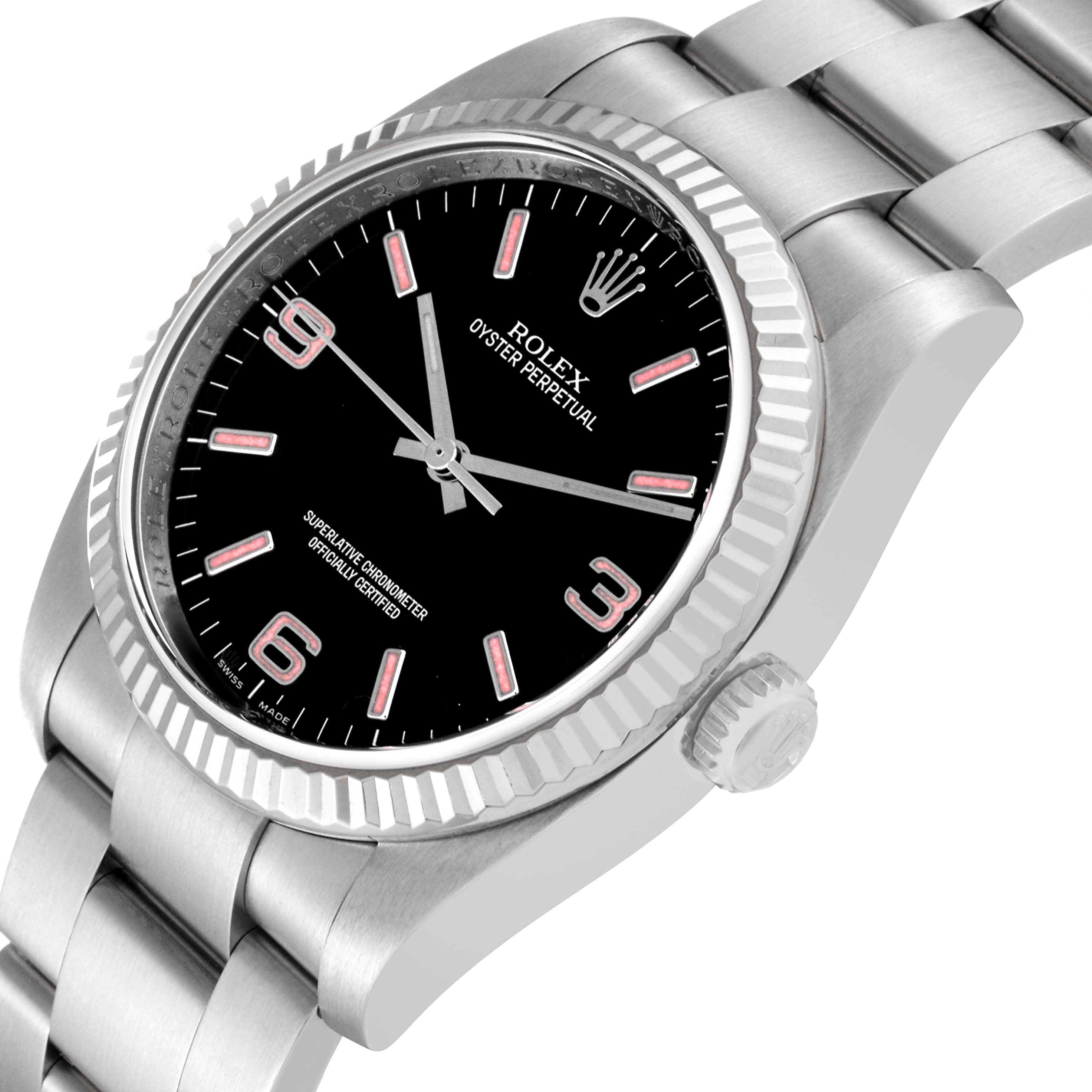 Rolex Oyster Perpetual Steel White Gold Black Dial Mens Watch 116034 Box Card