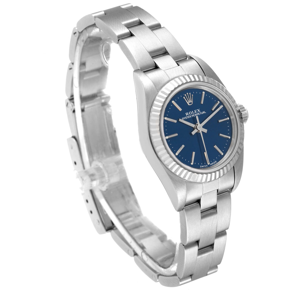 Rolex Oyster Perpetual Steel White Gold Blue Dial Watch 76094 Box Service Card