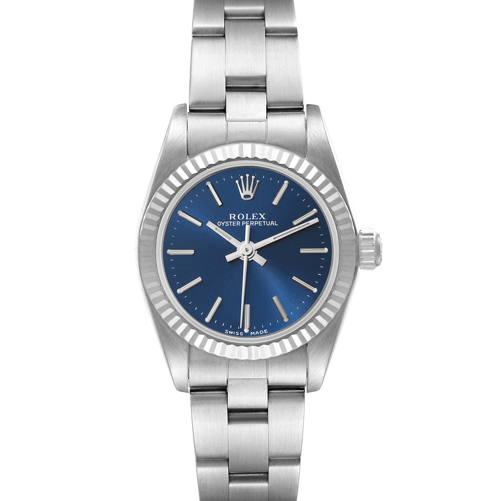 Rolex Oyster Perpetual Steel White Gold Blue Dial Watch 76094 Box Service Card